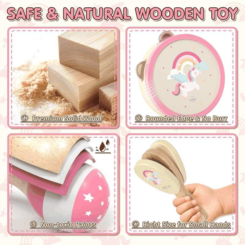 Lehoo Castle Wooden Montessori Musical Instruments Set, Toddler Toys with Xylophone, Tambourine, Drum, Clarinet, Hand Bells, Unicorn Theme image number 1