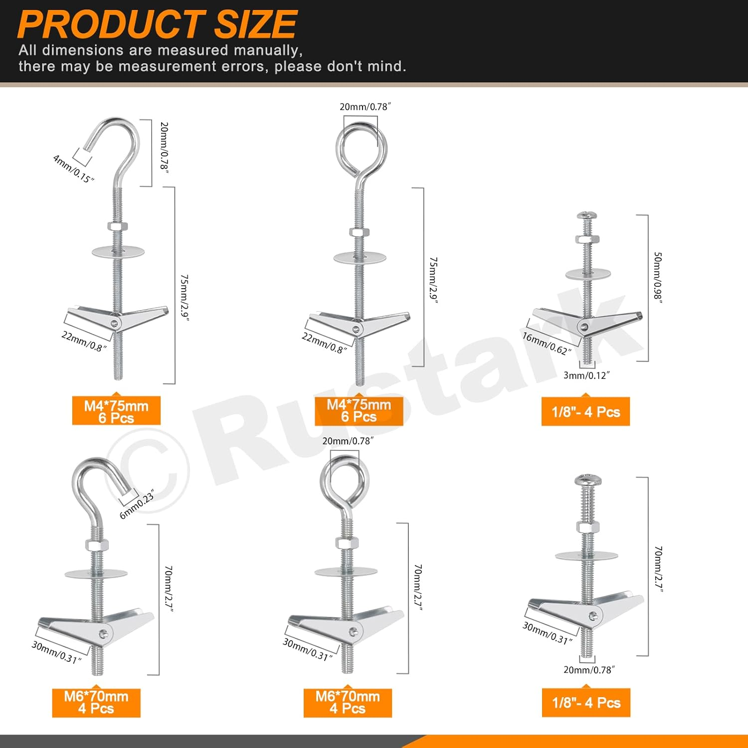 30Pcs M4 M6 Toggle Bolts Assortment Kit Toggle Anchors Spring Toggle Wing Bolts Heavy Duty Eye Bolt and Ceiling Hooks Butterfly Toggle Anchors for Drywall Hanging Plants image number 2
