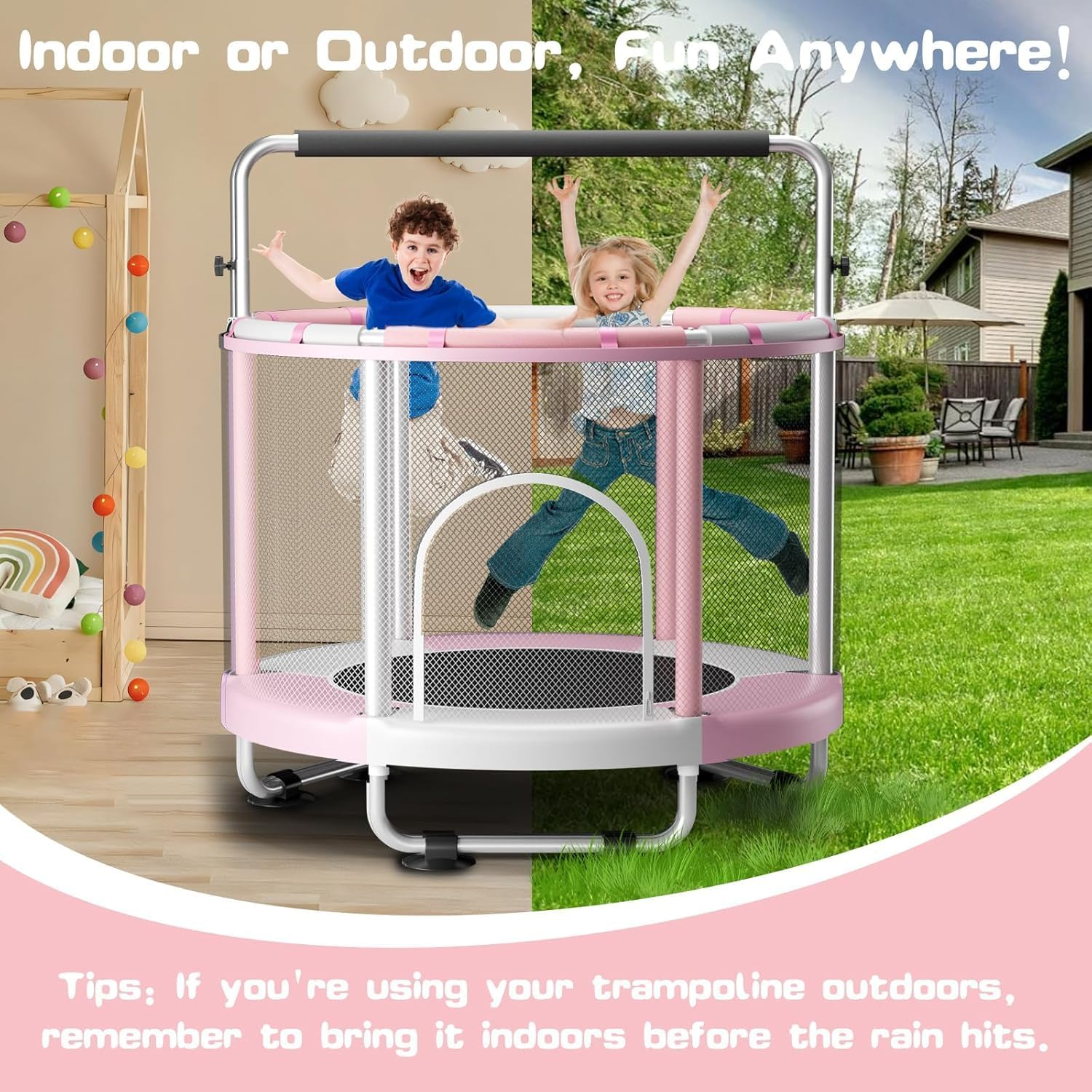 60" Trampoline for Kids with Enclosure, 440Lbs Capacity Indoor & Outdoor Toddler Trampoline with Adjustable Gymnastics Bar & Toys, for Boys & Girls image number 3