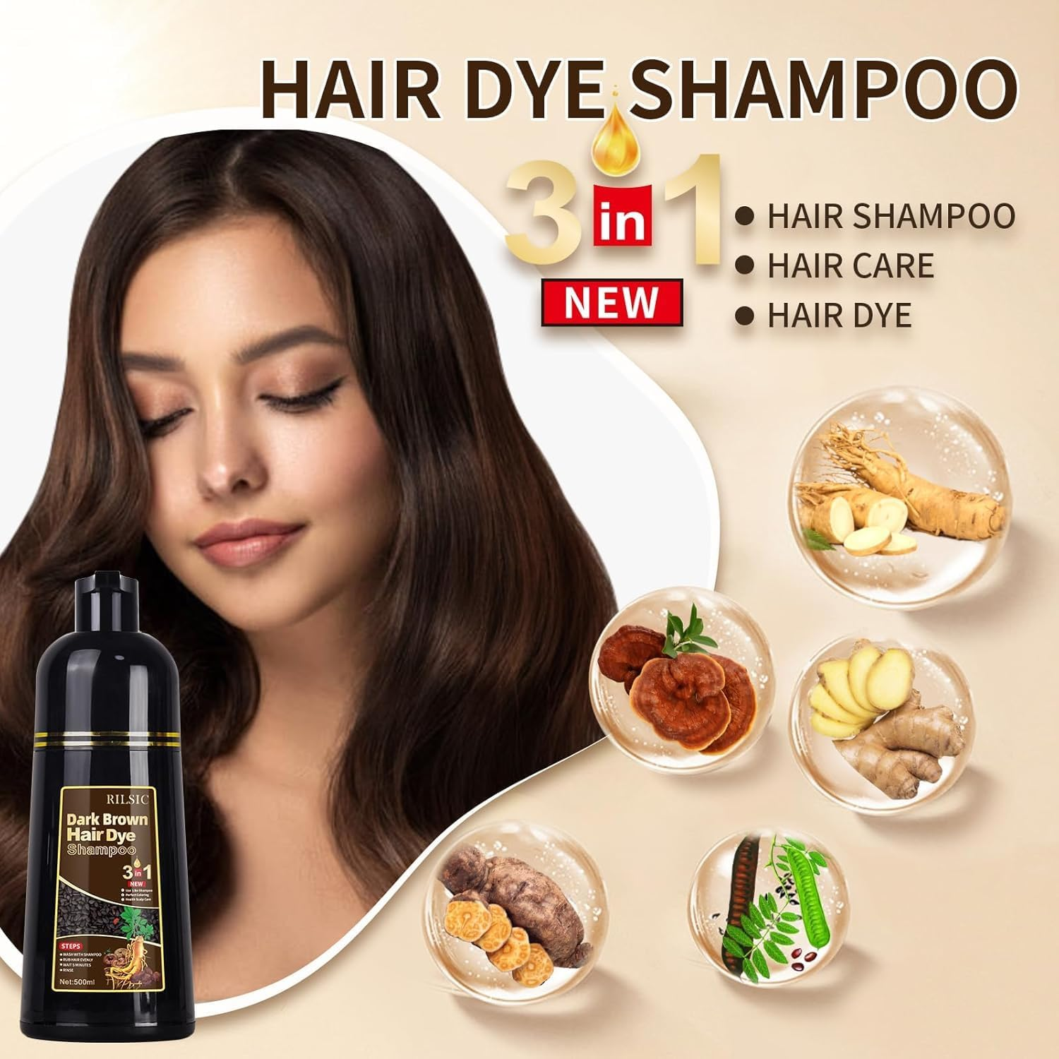 Hair Dye Shampoo, 500ML Black Hair Dye 3 in 1, Instant Hair Colour Shampoo Black Hair Shampoo-Long Lasting - Hair Dye Hair Color Shampoo Coloring in Minutes for Women Men (Dark Brown, 500ML) image number 3