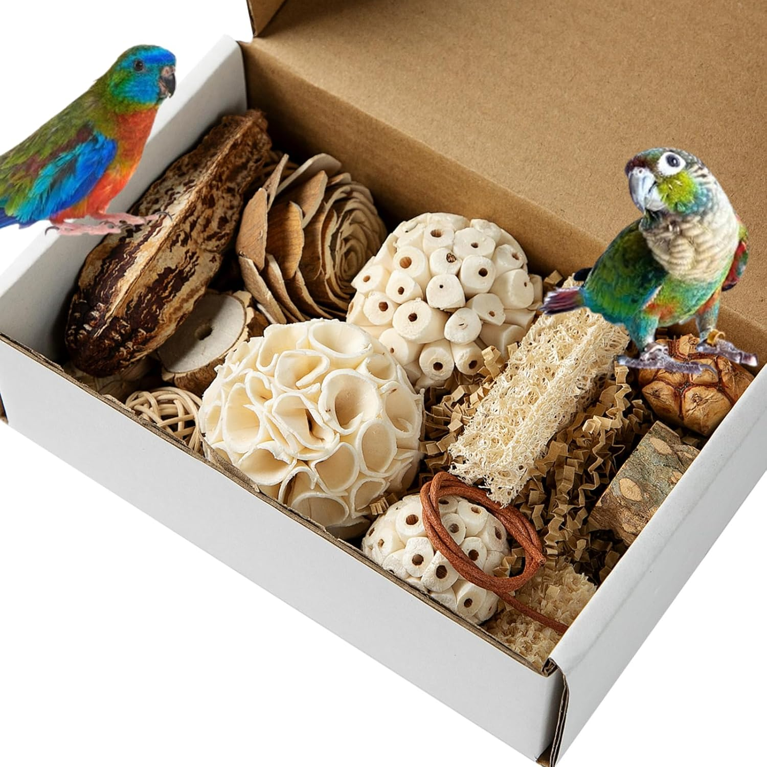 SUSOO Natural Bird Chewing Wooden Toys DIY Set, Safe Shredding Toys with Sola Balls, Wood Blocks, Apple Wood and Pine Cone, Foraging Toy for Parrots, Parakeet, Budgie, Conure,Love Birds and Cockatiel