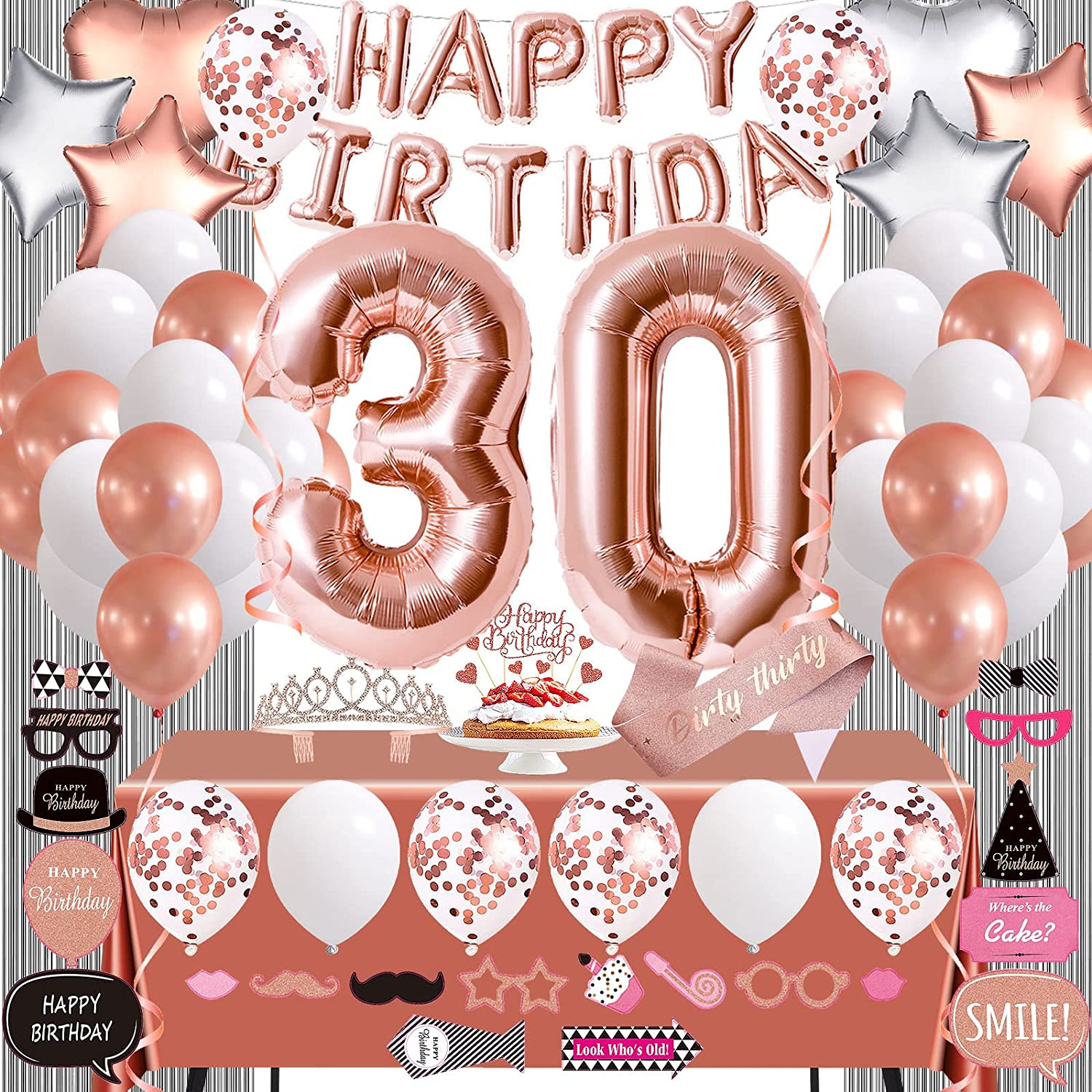 Rose Gold 30Th Birthday Party Decorations for Women, Supplies Including Happy Balloons, Fringe Curtain, Tablecloth, Photo Props, Foil Balloons, Sash and Tiara image number 4
