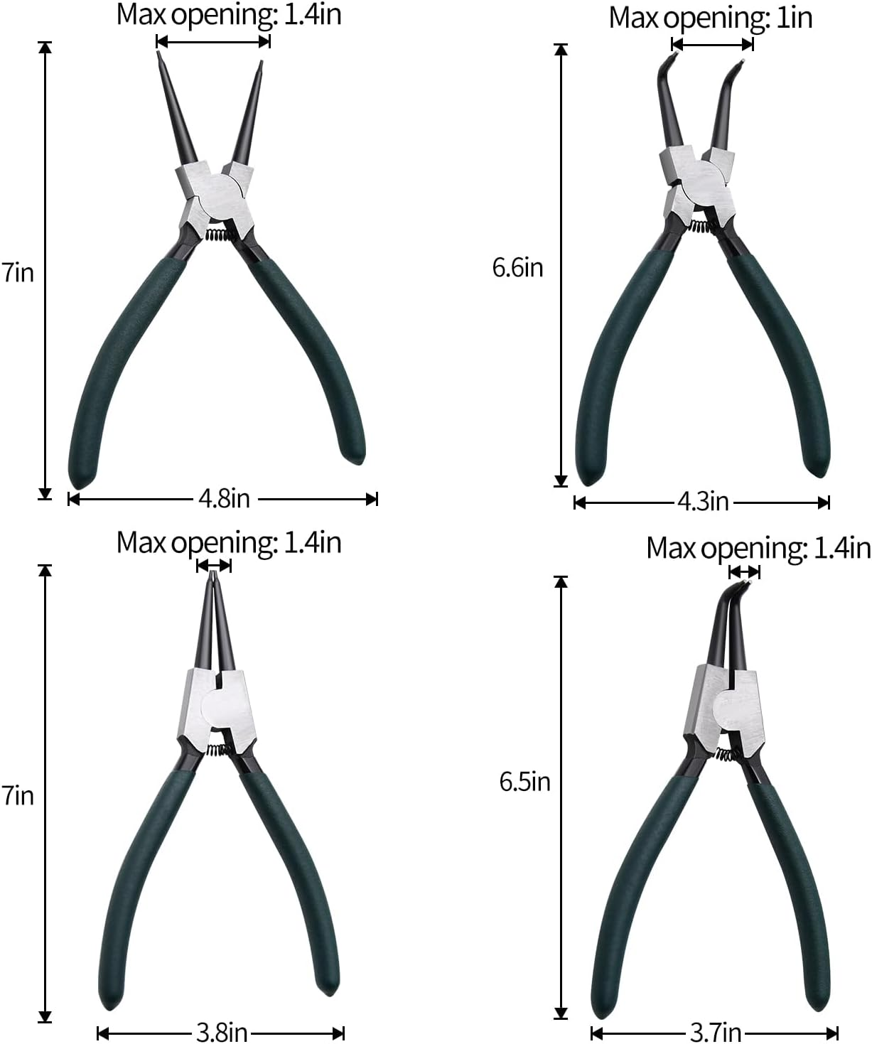 Snap Ring Pliers Set, 4Pcs 7" Internal/External Circlip Pliers Kit with Straight/Bent Jaw, Heavy Duty Precision Spring Loaded Pliers for Ring Remover Retaining and Remove Hoses, Gaskets - 300Pcs Internal Snap Ring+Pliers image number 3