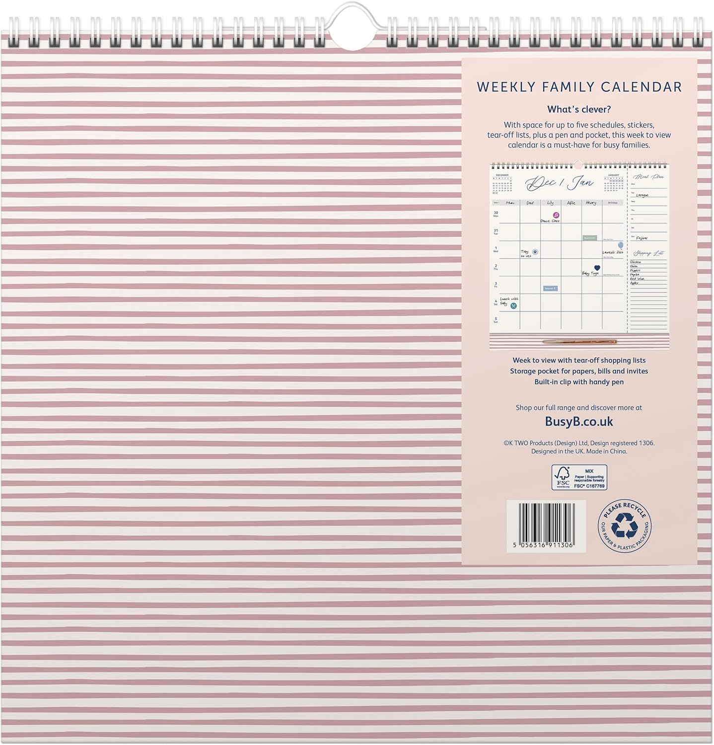 Busy B 2025 Family Wall Calendar with Weekly View for 5 Members &ndash; Navy and Gold A4 Planner with Meal Plans, Shopping Lists, Stickers & Storage Pocket - Family Calendar for Home Organisation image number 3