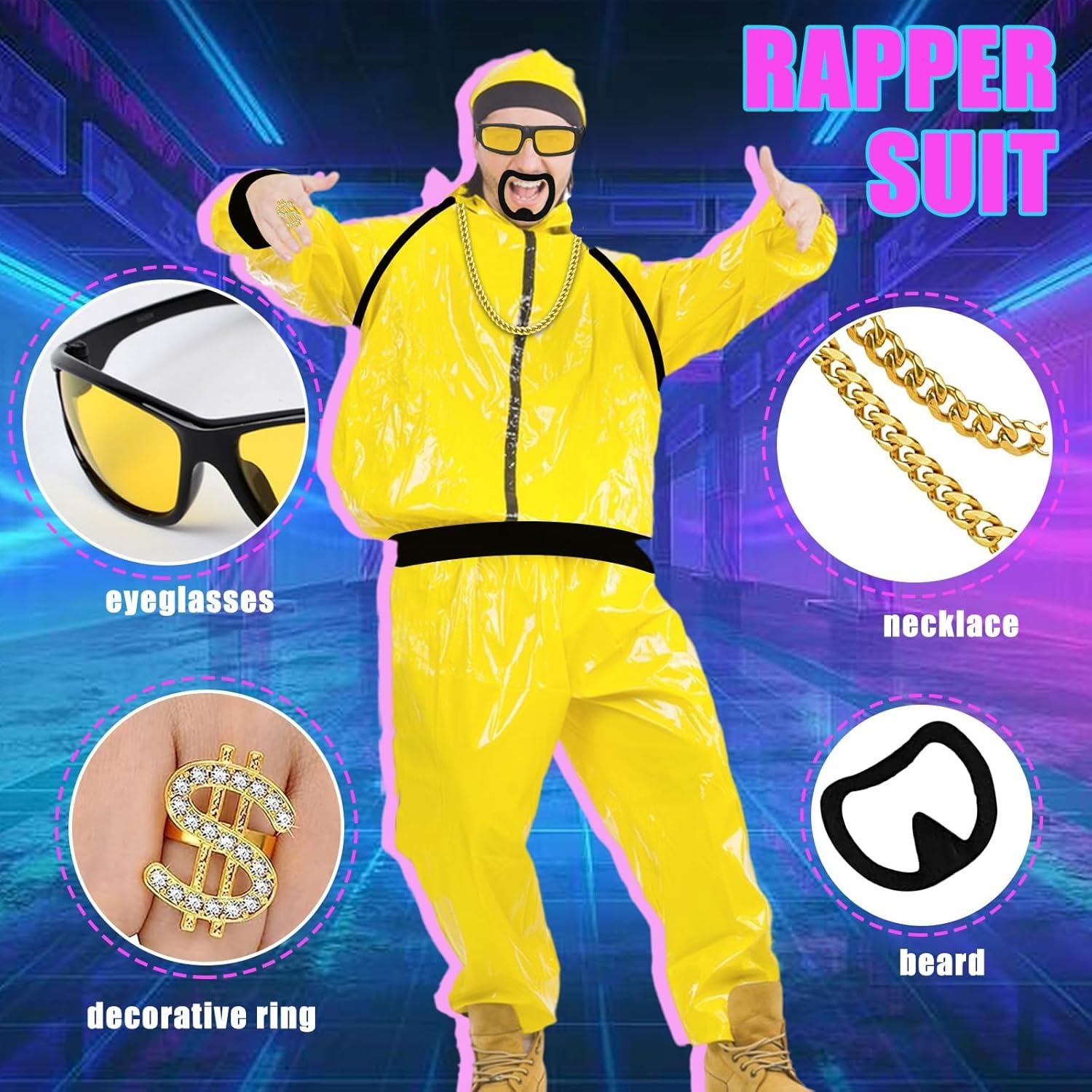 90S Rapper Celebrity Costume Set, Fancy Dress Accessories Kit with Black & Yellow Shell Suit, Hat, Black Goatee, Sunglasses, Gold Chain, Ring Hip Hop Outfit for Adults Halloween Stag Do Party image number 3