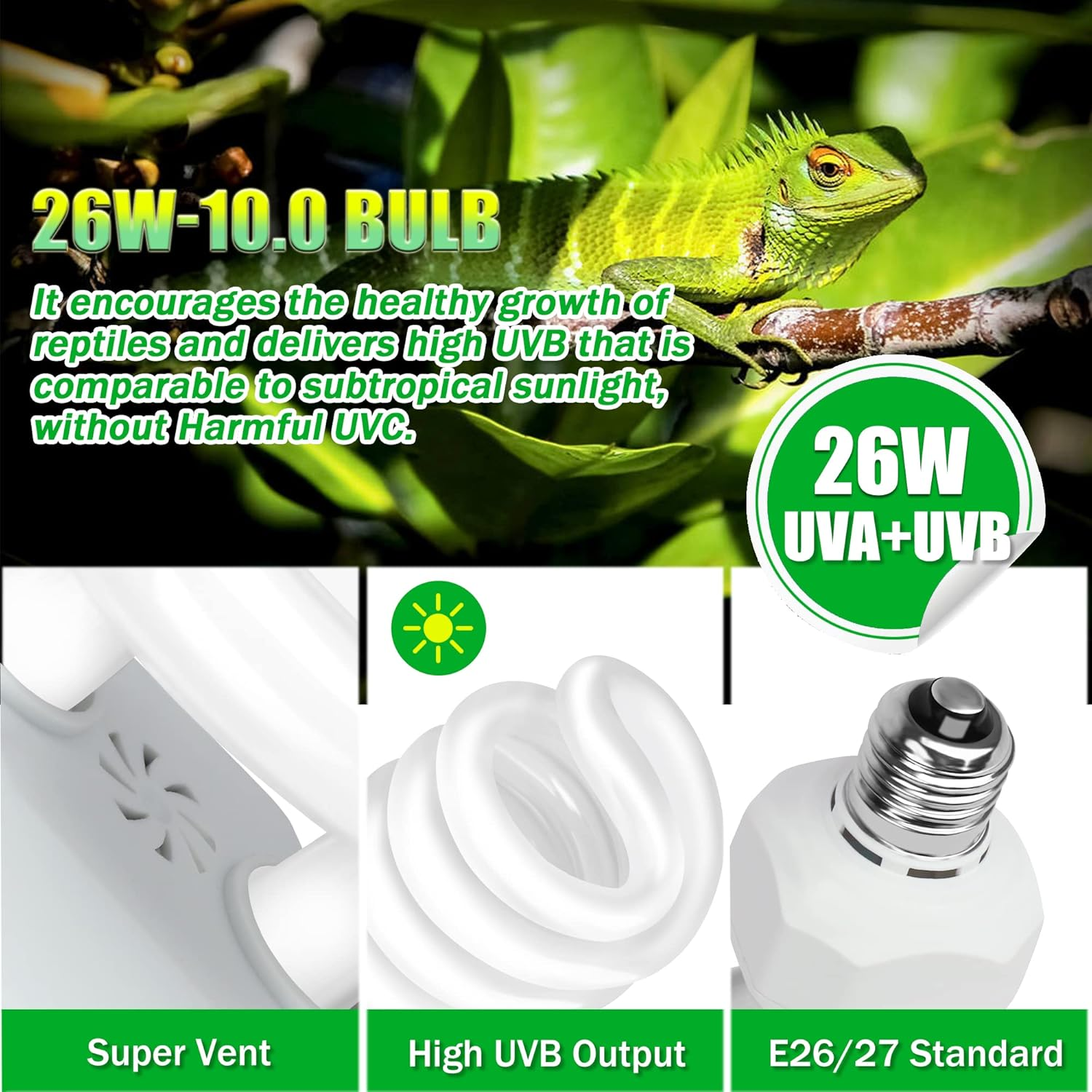 UVA UVB 10.0 Reptiles Bulb, 26W Dual-Threat UV Light Bulb, Compact Fluorescent Lamp, Suitable for Desert Reptiles image number 4