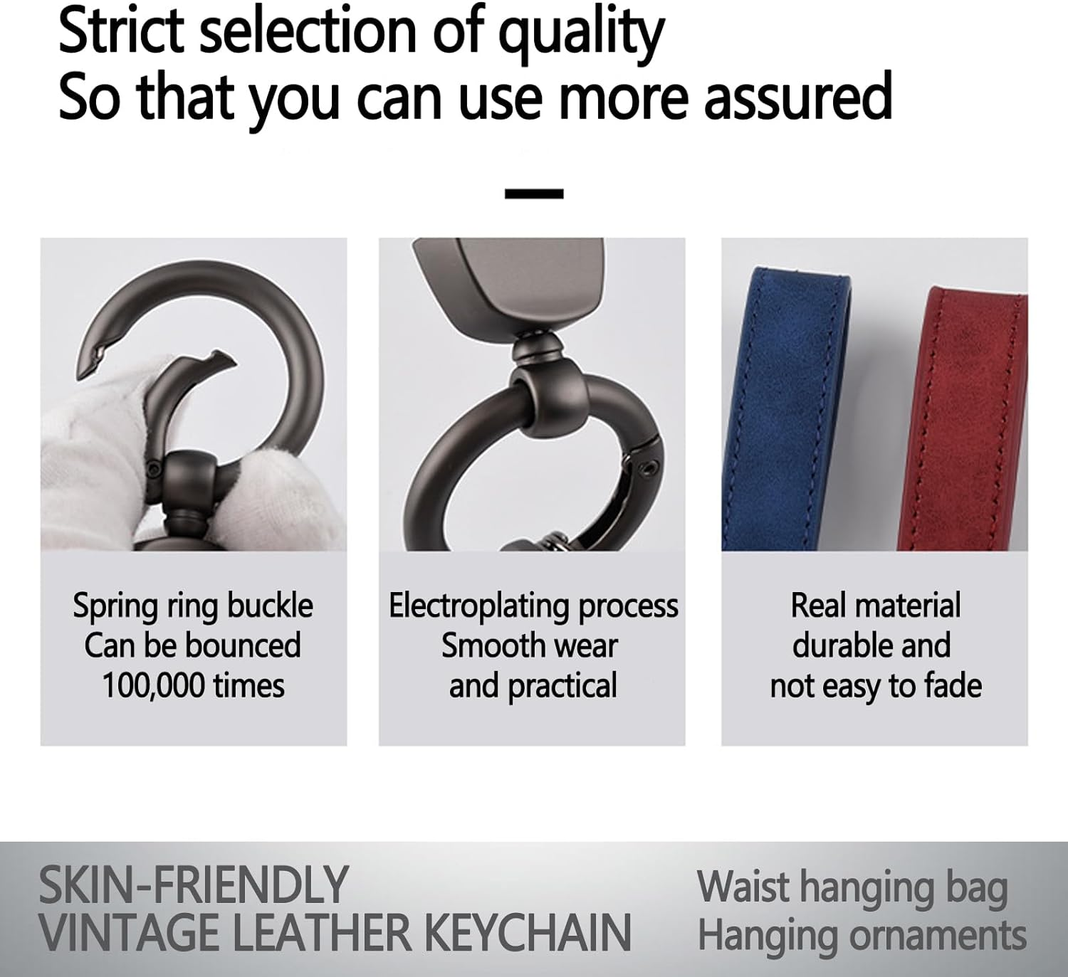 3PCS Leather Car Keychain Accessories Key Ring 360 Degree Rotatable Snap Swivel and Anti-Lost D-Ring Metal Key Chains for Men and Women(Brown,Blue,Grey), Golden image number 3