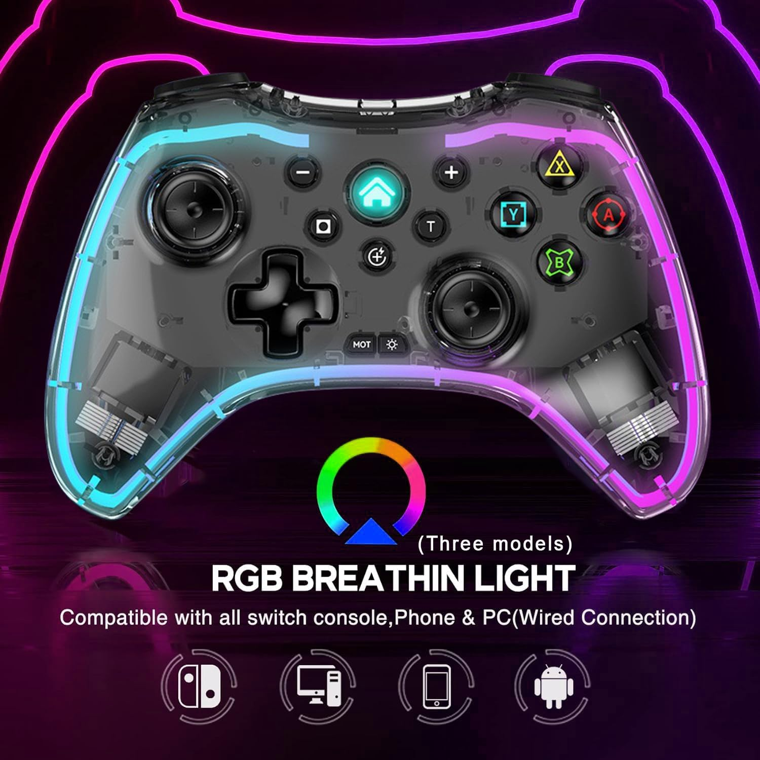 Clear Wireless Switch Pro Controller for Nintendo Switch Controller/Oled/Lite, Programming Replacement for Swit Ch Controllers Support Pc/Android/Ios, Cool RGB LED, Transparent Swit Ch Remote with Turbo image number 2