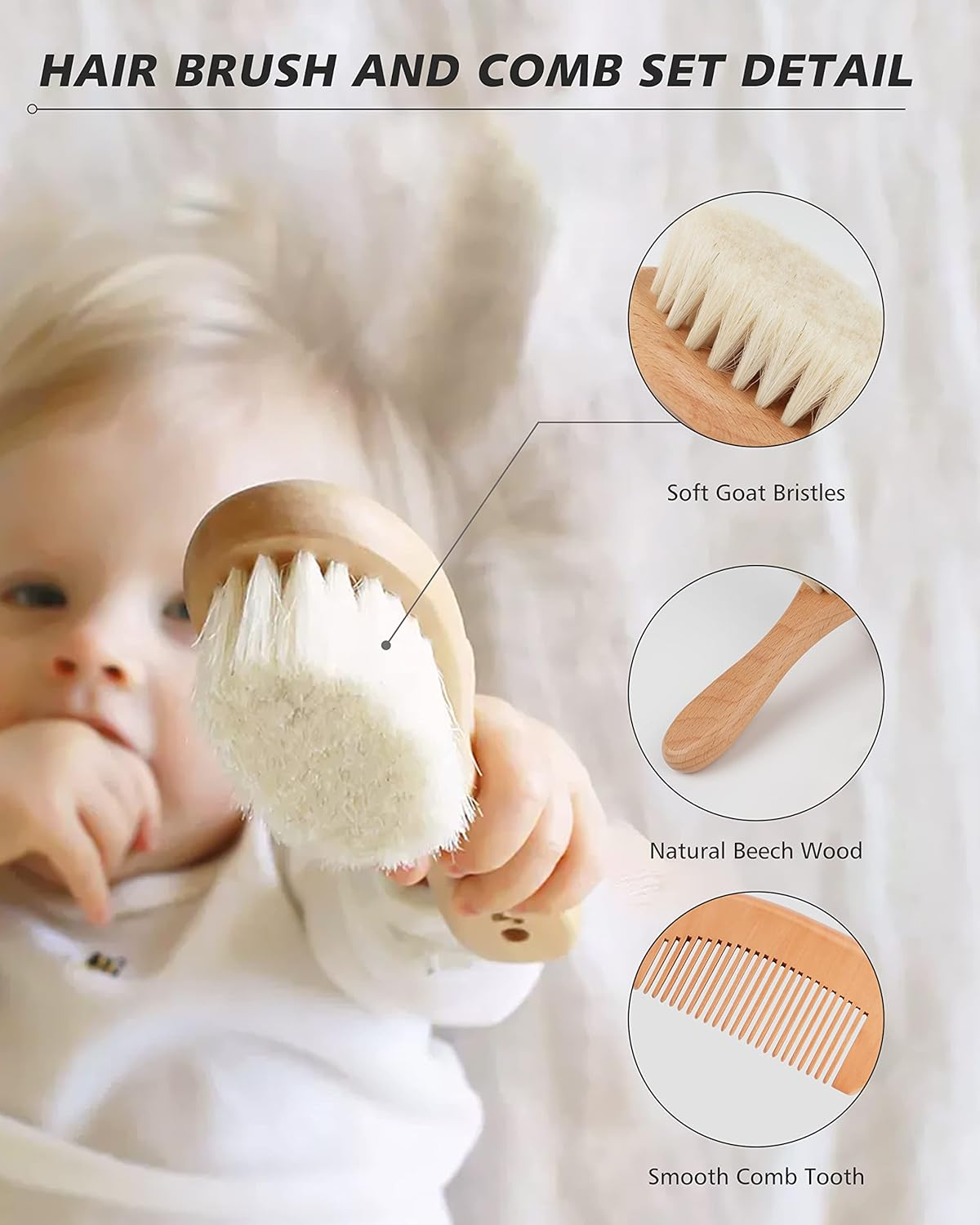 Baby Hair Brush and Baby Comb Set, Baby Hair Brush with Natural Soft Goat Bristles, Natural Wooden Comb, Cradle Cap Brush, Baby Brush Set for Newborns & Toddlers, Perfect Registry Gift image number 5