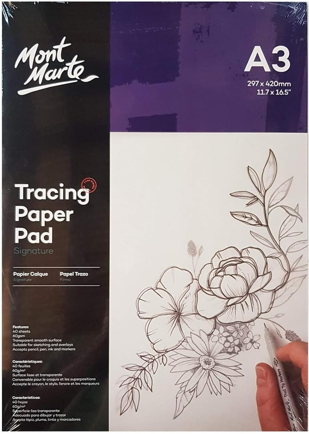 Mont Marte Signature 60 GSM Tracing Paper 40 Sheets Pad, A3 Size