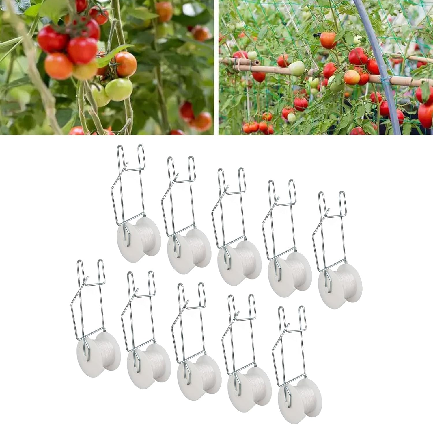 Tomato Trellis Roller Hooks, 10 Pcs Plant Support Hooks Galvanized Steel Wire PP Plant Roller Hooks for Tomato Flower Vine Twine Crop Trellis Kit image number 5