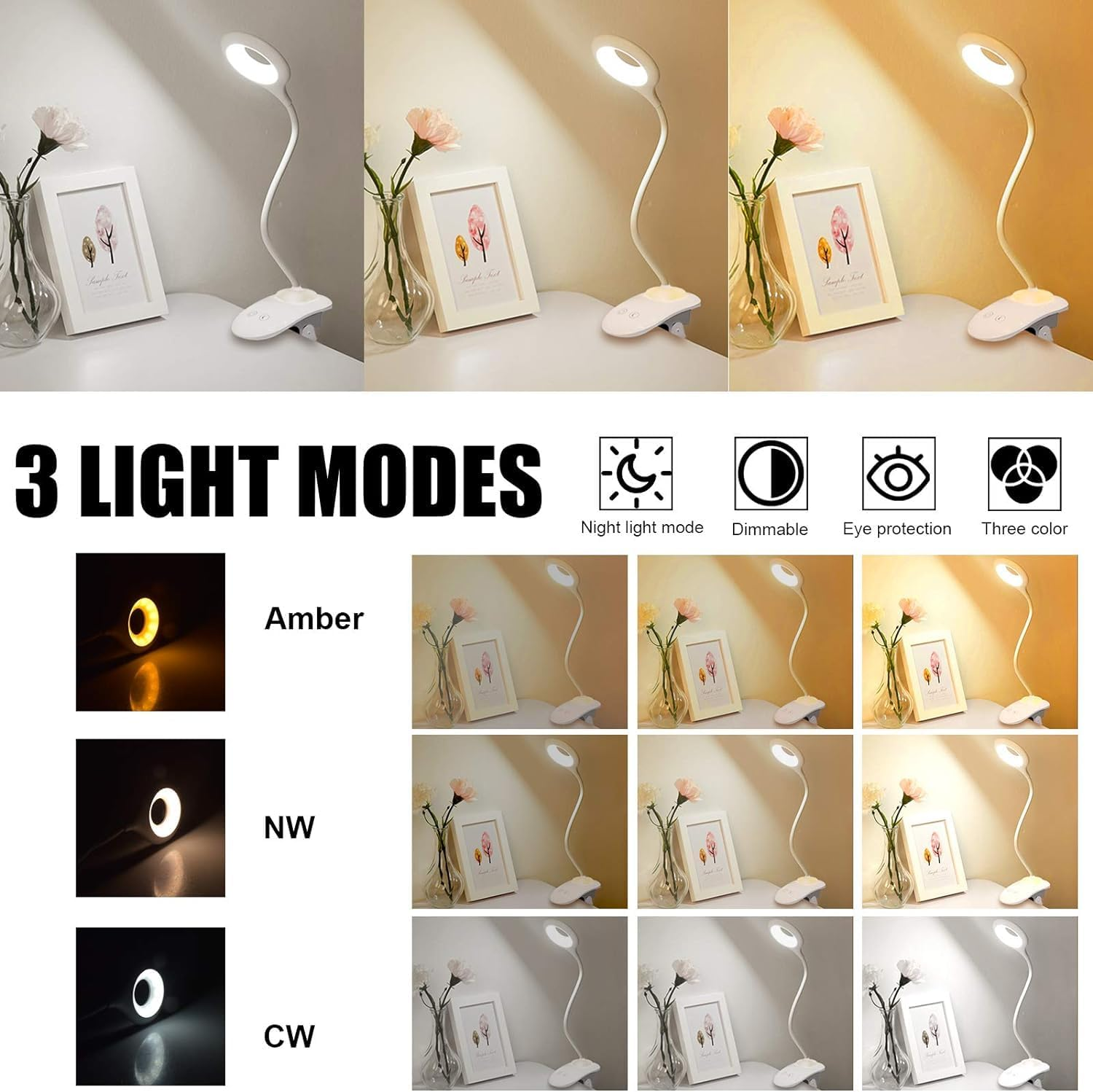 Clip on Reading Light 28 Leds Eye Protect Book Light USB Rechargeable Clamp Lamp 3 Colours & Touch Sensor Control with Night Light Dimmable Clamp Desk Lamp image number 3