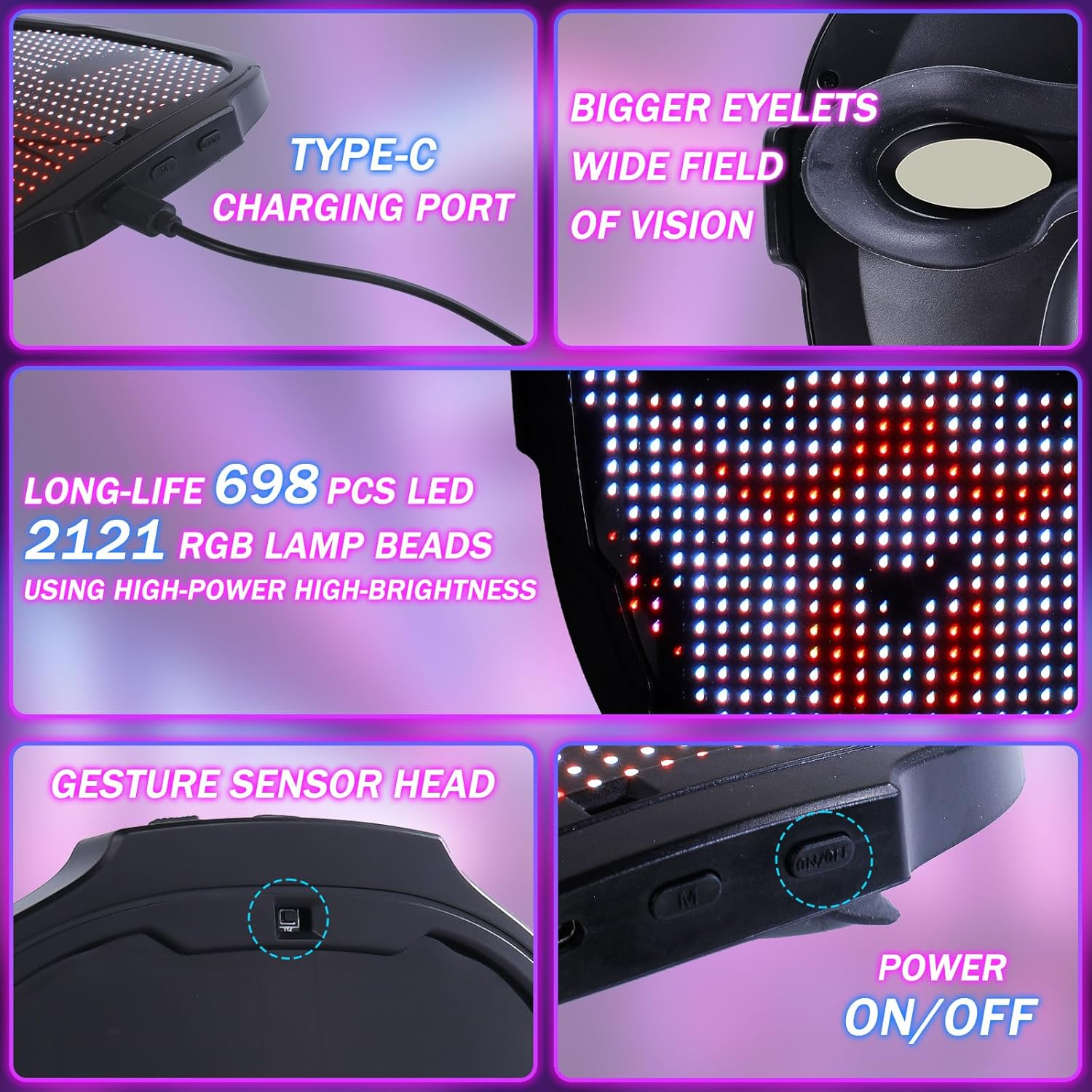 Quntis Face Transforming LED Mask for Adults & Kids, 80 Pattern Glowing LED Halloween Digital Luminous Mask for Costume Cosplay image number 5