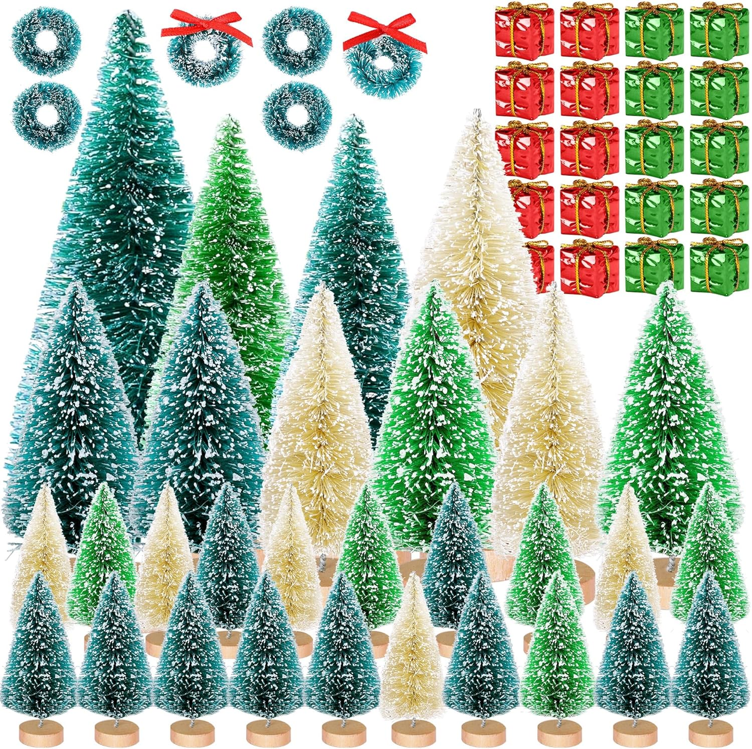 Iceyyyy 56 Pcs Artificial Mini Christmas Trees Set - Miniature Sisal Frosted Christmas Trees Bottle Brush Trees for DIY Crafts Home Table Top Decor