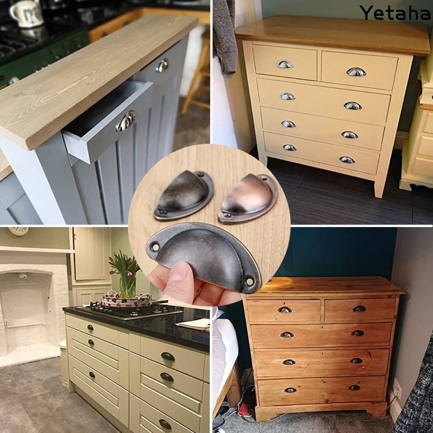 Yetaha Copper Cup Handles, 10PCS Cabinet Cup Pull Handle, Retro Shell Cup Handles, 82X35Mm Vintage Kitchen Cupboard Pulls Furniture Knob with Screws Suitable for Drawer Dresser, Door (Red Copper) - Black image number 7