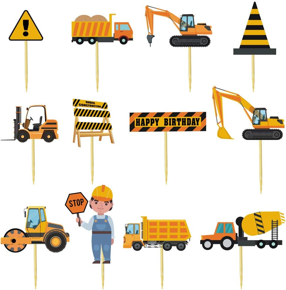 12Pcs Construction Cupcake Toppers Happy Birthday Cake Topper Stop Sign Dump Truck Excavator Tractor Party Cake Picks Decorations for Construction Theme Birthday Party Supplies image number 3