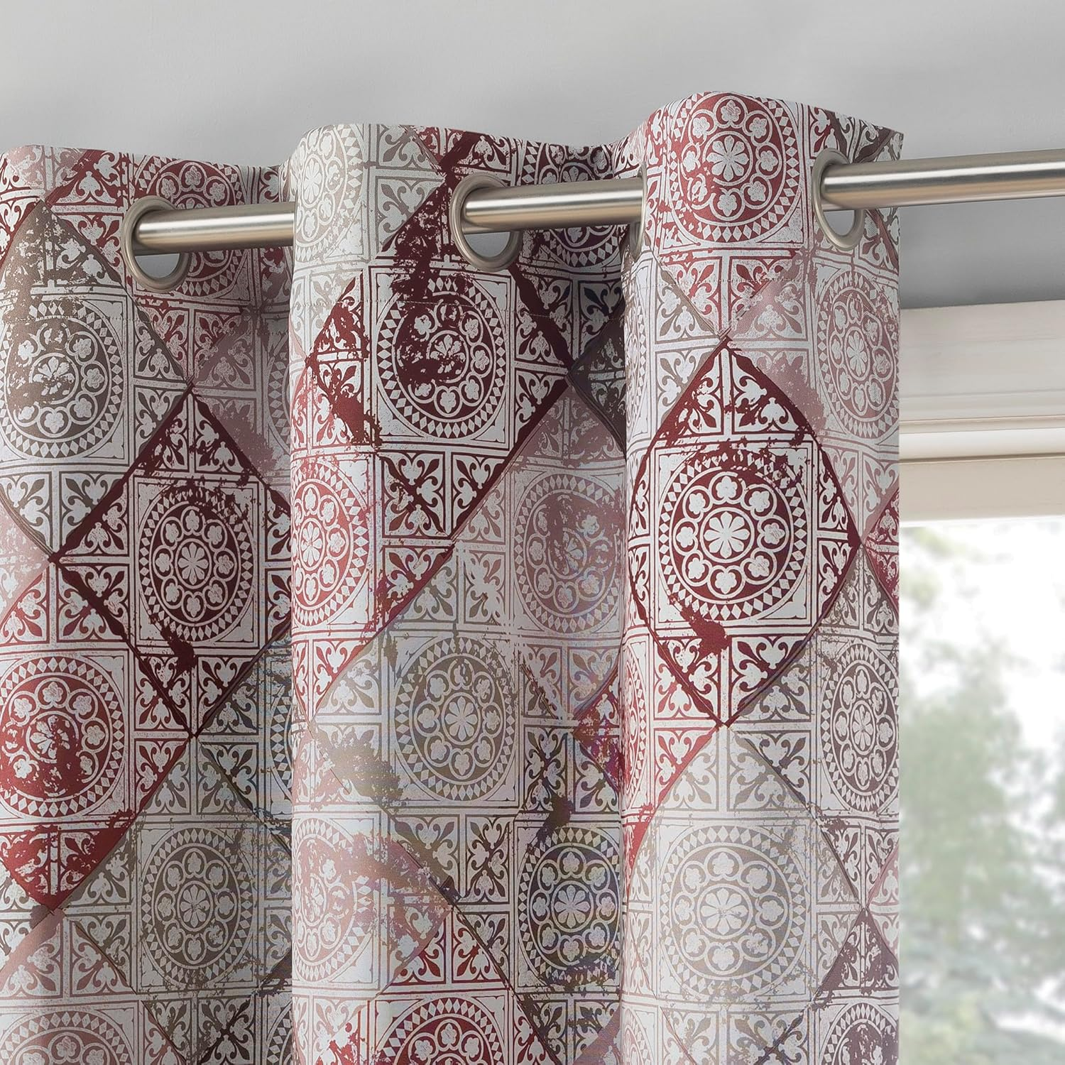 Sun Zero Reardon Global Medallion Print Energy Saving Grommet Curtain Panel, 54" X 95, Rosewine