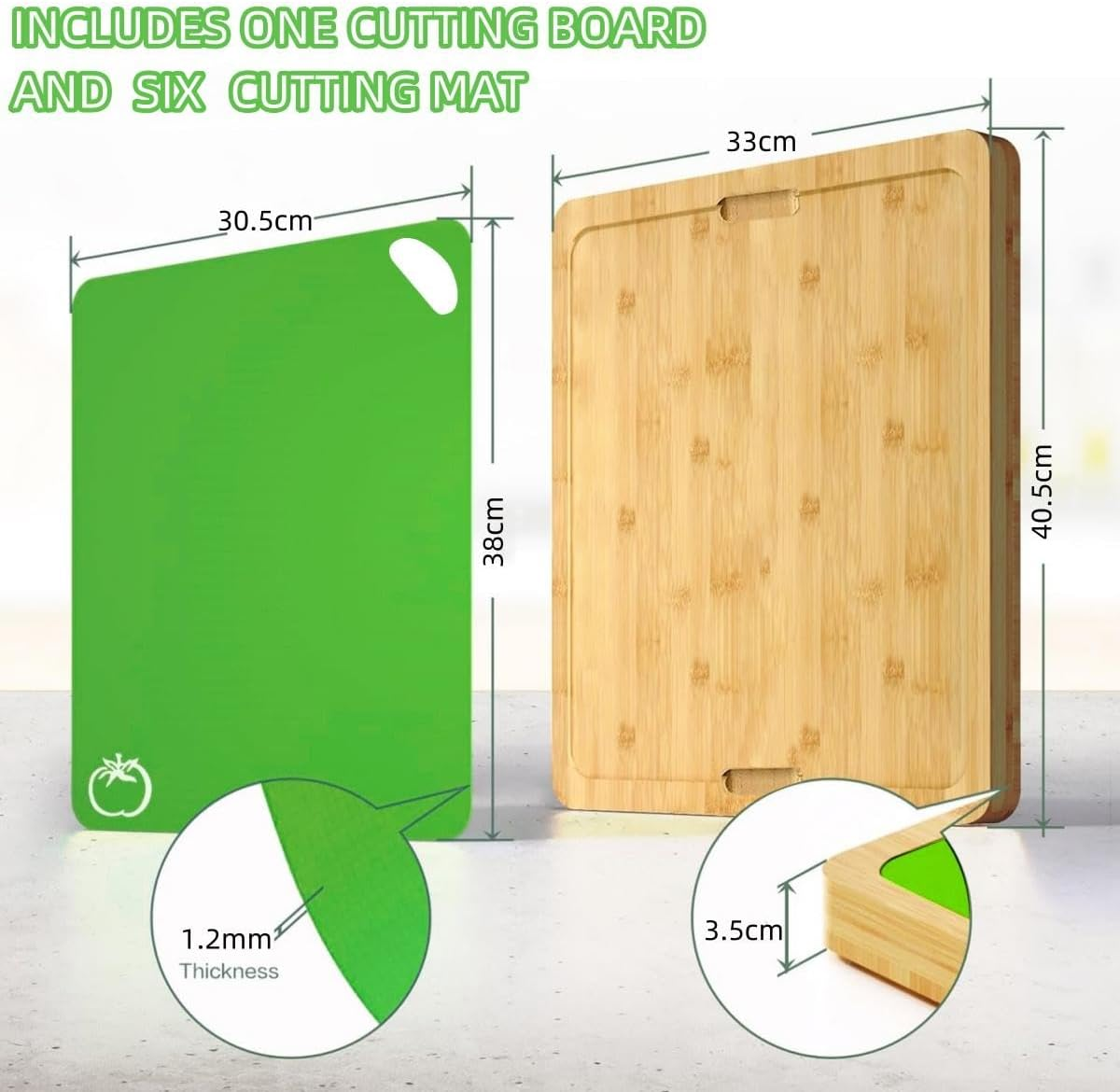 Large Bamboo Chopping Board with 6 Color-Mats, Flexible Colour Coded Cutting Boards Mats Set with Food Icons & Easy-Grip Handles, for Bread, Vegetables, Fruits, Meats, Fish