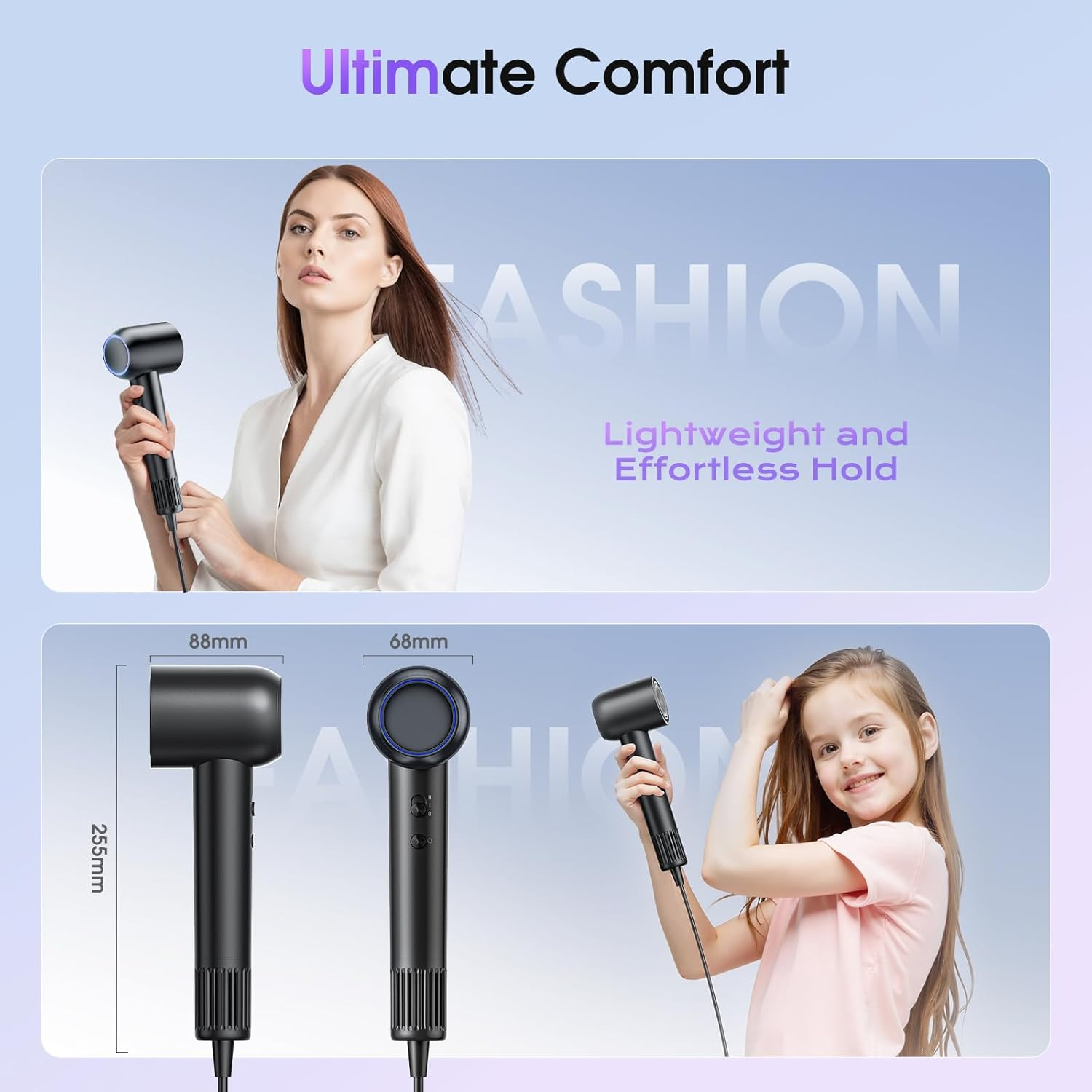 Hair Dryer,15000 RPM High Speed Brushless Motor,Fast Drying,500 Million Negative Ionic Blow Dryer with Double Nozzle,Low Noise,Thermo Control,Lightweight,4 LED Ring,Professional Hairdryer for Home,Travel image number 3