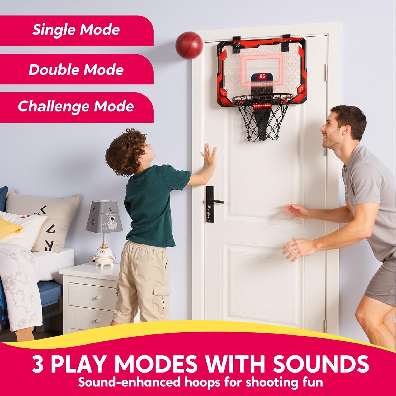 SYNCFUN Mini Indoor Basketball Hoop, Light up over the Door Basket Ball Hoop for Kids with Scoreboard, 4 Balls, Indoor Basketball, Birthday Gifts Toys for Boys Girls Ages 3+ (Red)