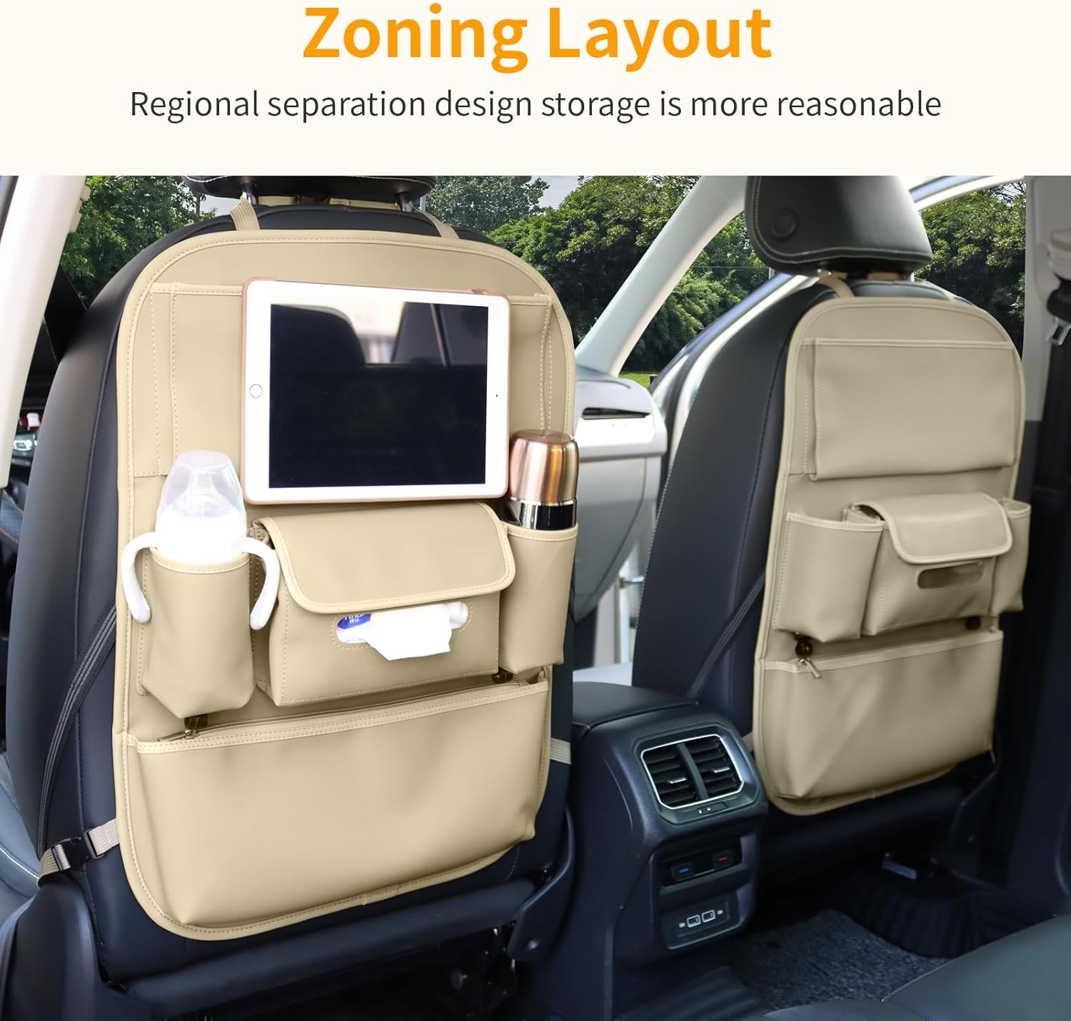 Car Seat Organizers Waterproof Backseat Protector with Storage Pocket Large Leather Kick Mats for Kids Pets Automobile SUV Truck (Beige, Large Pocket) image number 5