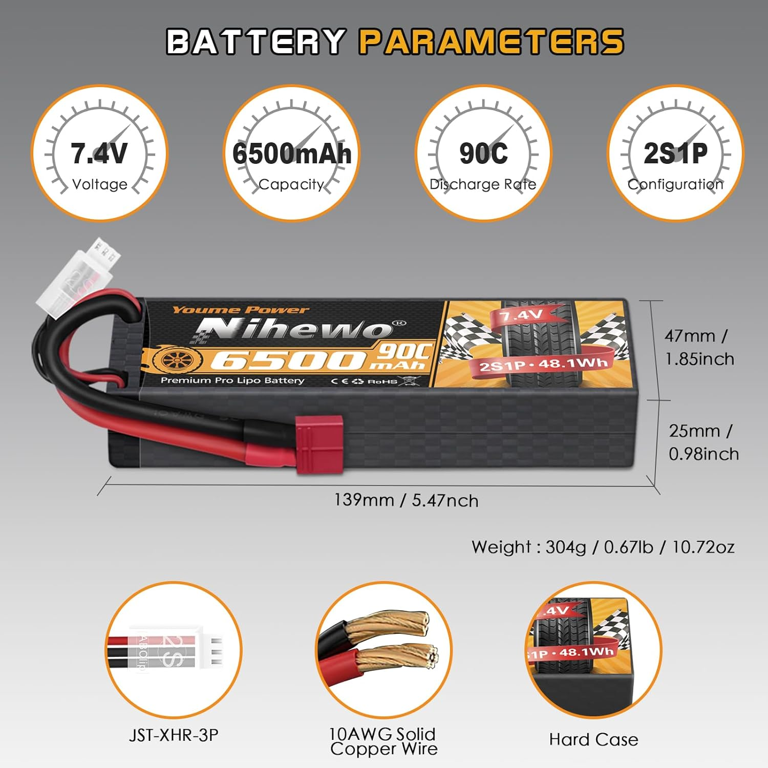 2S Lipo Battery 2Packs 7.4V RC Lipo Battery Pack 6500Mah 90C Hard Case with Deans T Plug Compatible with 1/8 and 1/10 RC Truck Vehicles Car Truggy Buggy Racing Models image number 4