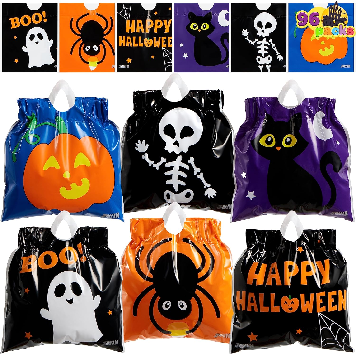 JOYIN 96 Pcs Halloween Drawstring Treat Bags for Trick-Or-Treating, 6"X6" Halloween Goodie Candy Bags, Classroom Party Favor Supplies image number 2