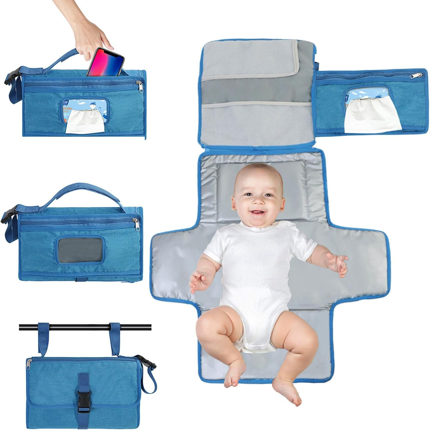 Baby Changing Mat Portable Waterproof Foldable Travel Diaper Changing Pad with Smart Wipes Pocket Lightweight Compact for On-The-Go Ideal Newborn Shower Gift for Boys & Girls (Blue) image number 5