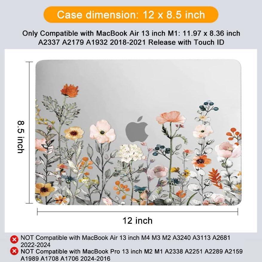 MOSISO Compatible with Macbook Air 13 Inch Case 2022 2021 2020 2019 2018 Release A2337 M1 A2179 A1932 Retina Display, Plastic Garden Flowers Hard Shell&Keyboard Cover&Screen Protector, Transparent image number 4