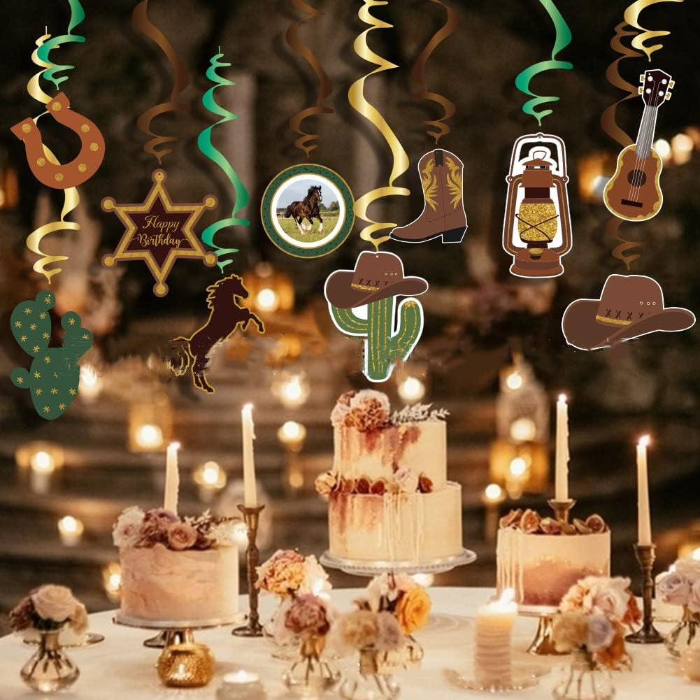 36 Pcs Rodeo Banner Western Cowboy Hanging Swirls Cake Toppers for Birthday Party Supplies