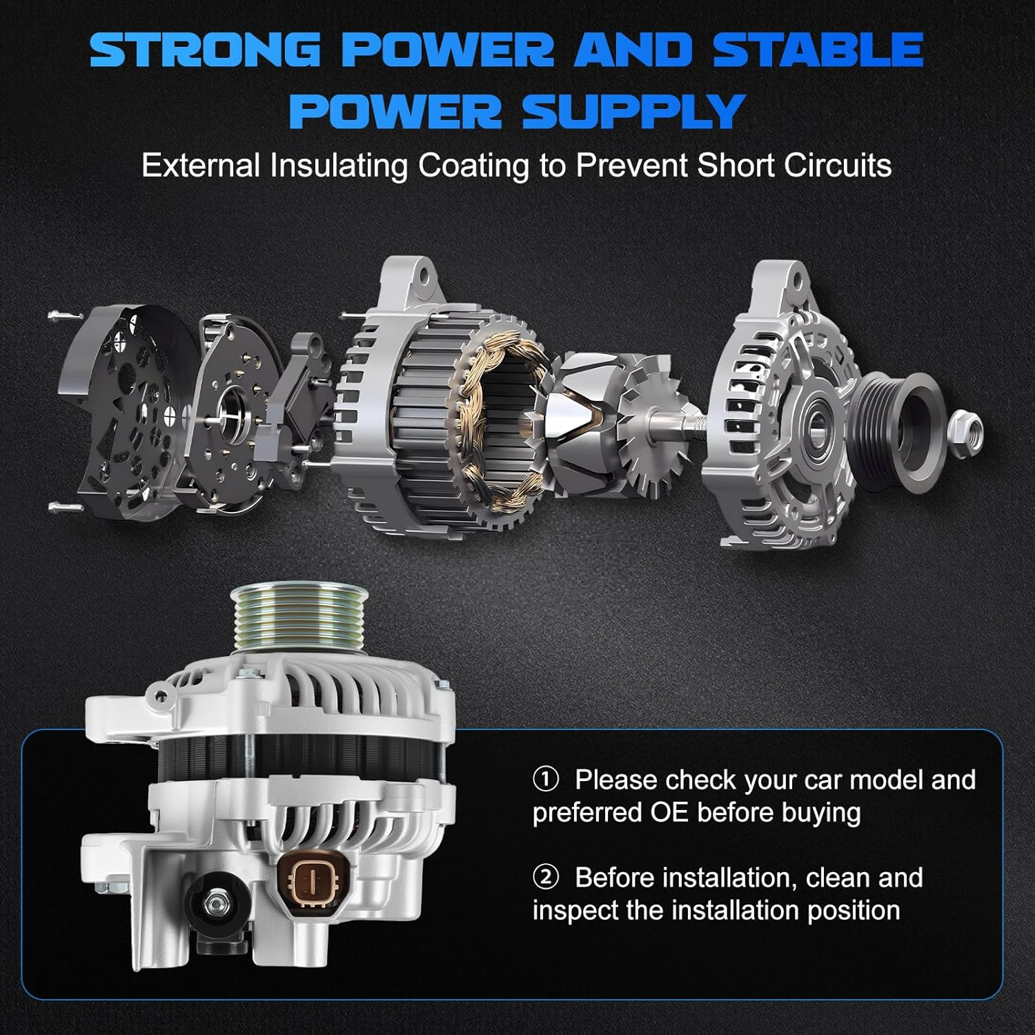 Alternator 11176 for 2006 Civic 1.8L & 2007 Civic 1.8L L4 & 2008 Civic 1.8L L4, for 2009 Civic 1.8L L4 (MFI) & 2010 1.8L L4 (MFI), for Civic 2011 1.8L L4 Vehicle Replacement Alternator 80A 7PK image number 4