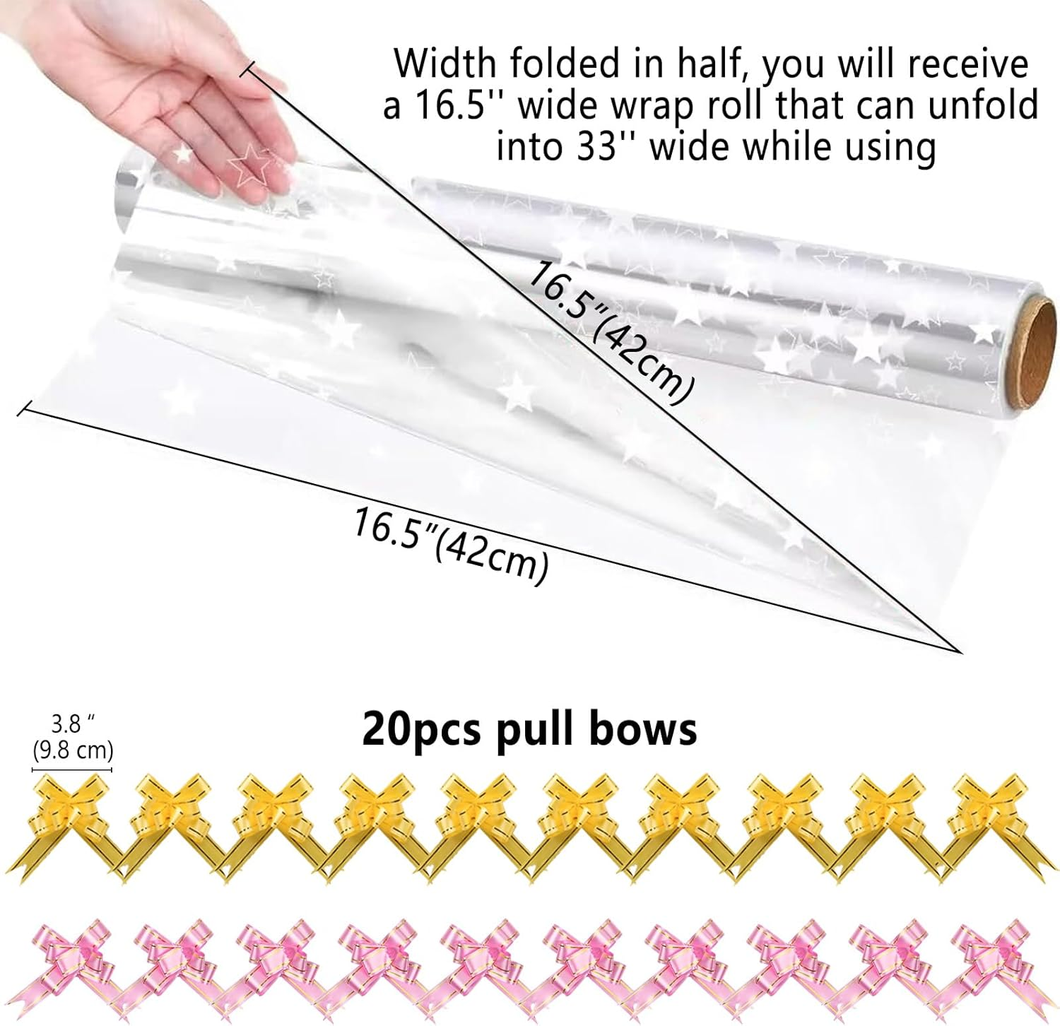 Fayrvind Large Star Clear Cellophane Wrapping Roll, 84Cm X 20M (84Cm Width Folded to 42Cm) Transparent Cellophane Roll with Pull Bows for Gift Hampers Packing for Christmas, Mothers Day, Fathers Day image number 2