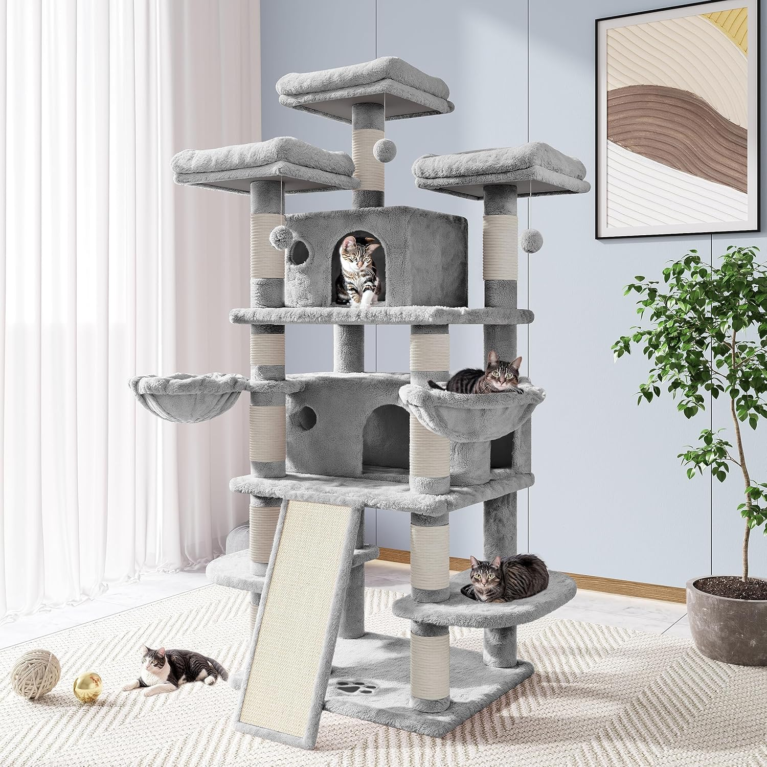 Allewie 68 Inches Cat Tree/House and Towers for Big Feline/Scratching Post/Multi-Level Large Kitty Climbing Tree with Condo/Smokey Grey