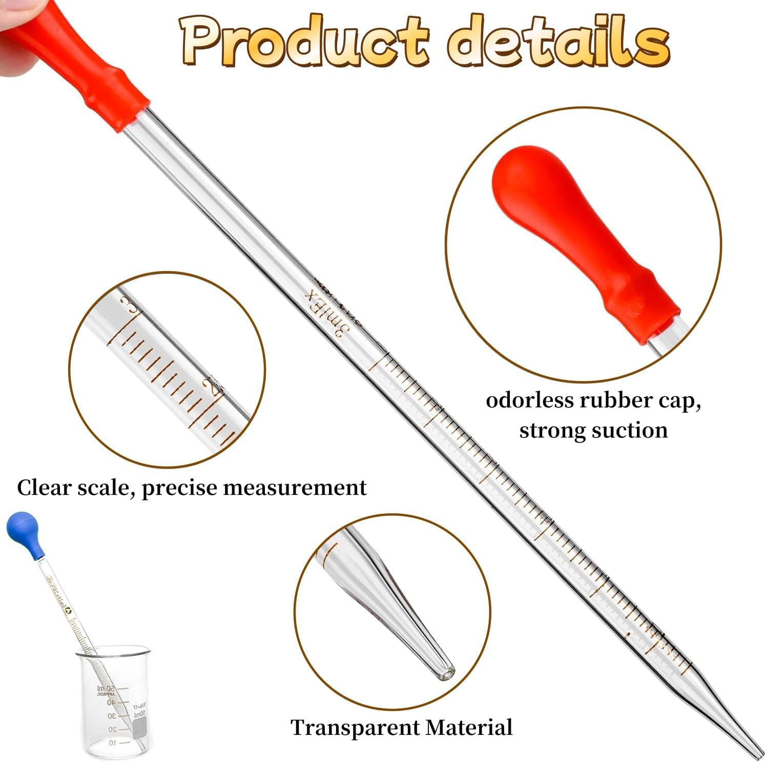 6 Pieces Glass Pipettes Graduated Dropper,Long Glass Pipette Dropper with 6 Rubber Caps and 1 Pcs Droppers Brush image number 3