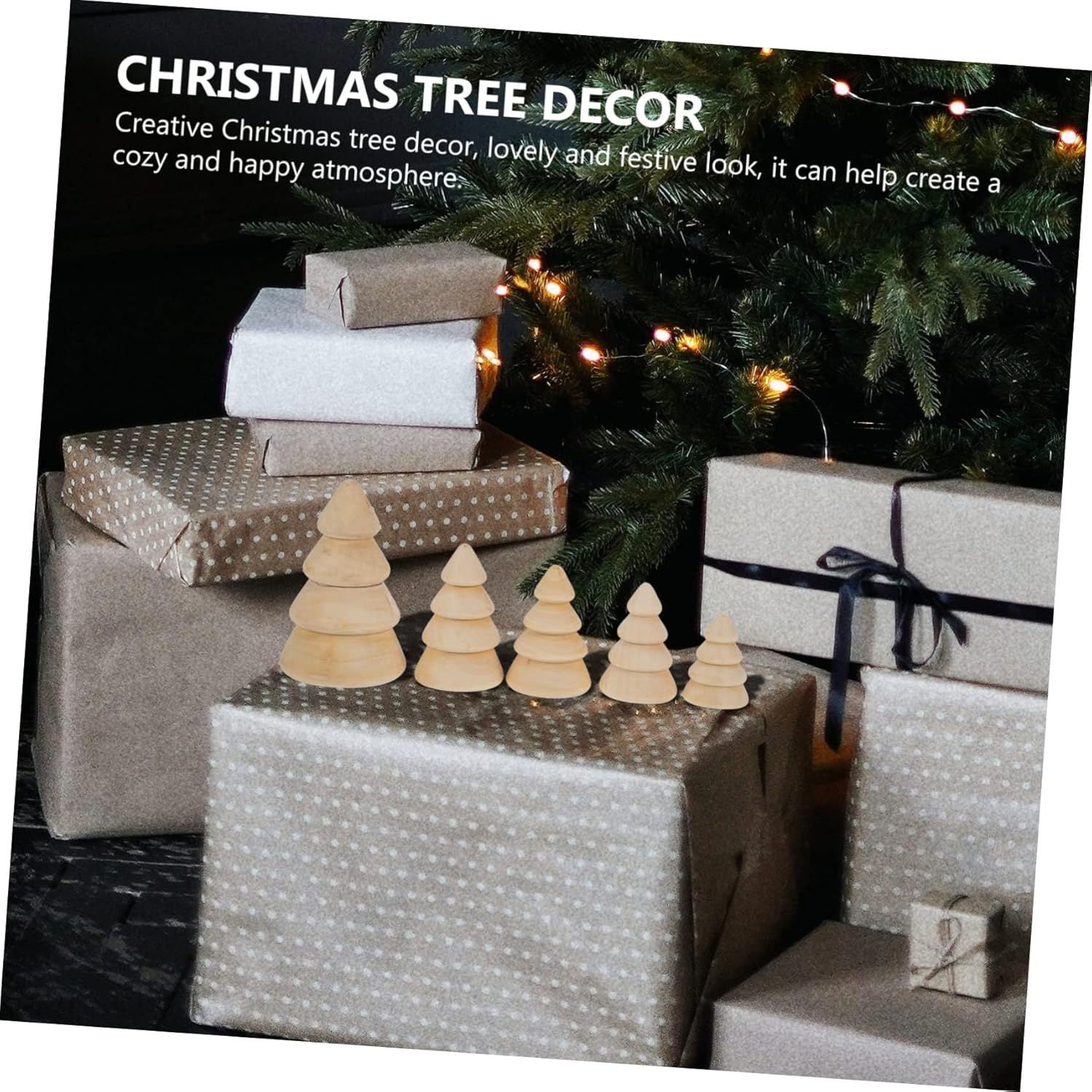 Wood Christmas Tree Ornament Set 5Pcs DIY Large Natural Wood Xmas Tree Decor for Home Festival Decoration image number 4