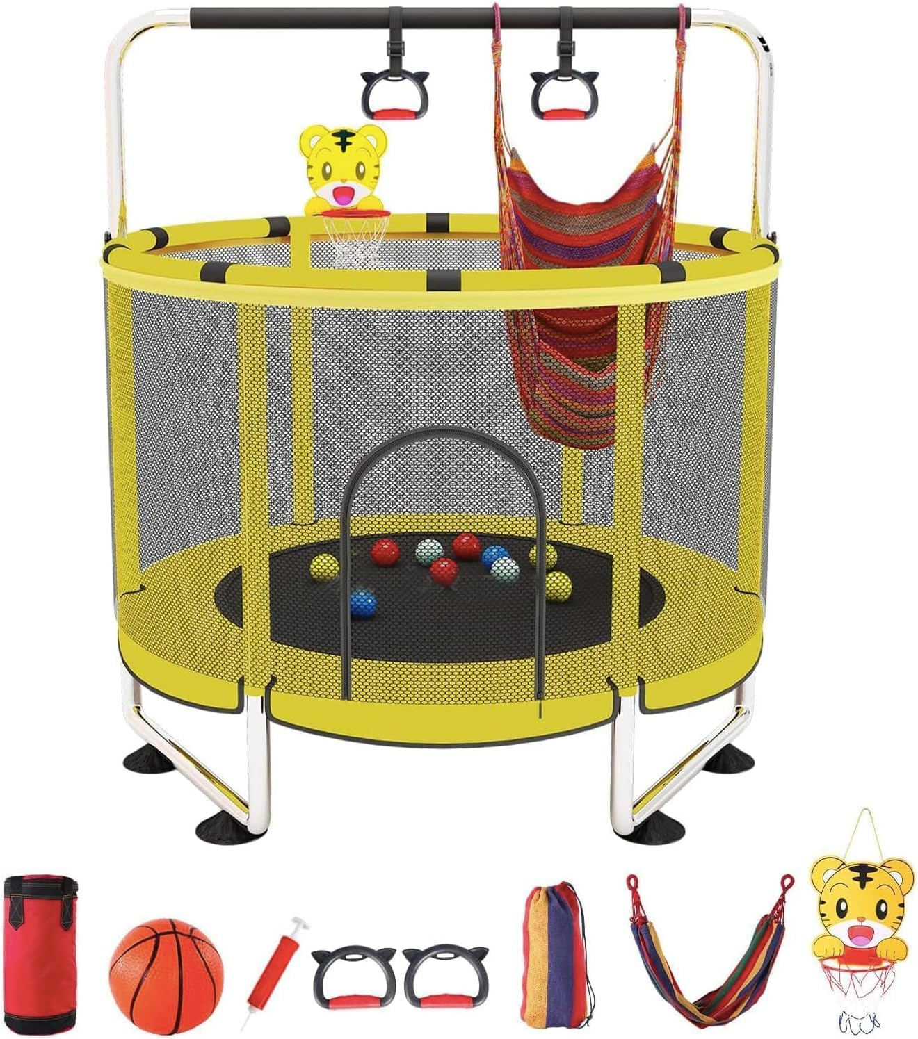 60" Trampoline for Kids with Enclosure, 440Lbs Capacity Indoor & Outdoor Toddler Trampoline with Adjustable Gymnastics Bar & Toys, for Boys & Girls (Yellow, 60In) image number 5