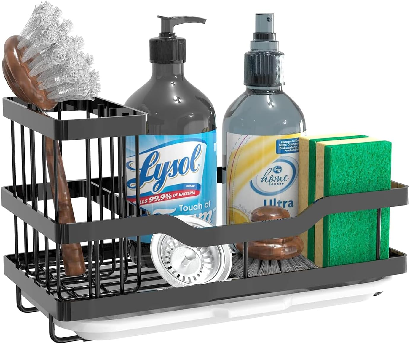 Sponge Holder for Kitchen Sink Organizer，Kitchen Accessories，Kitchen Sink Counter with Detachable Brush Holder & Drain Tray，Kitchen Sink Caddy，Kitchen Organizer，Stainless Steel，Black image number 1