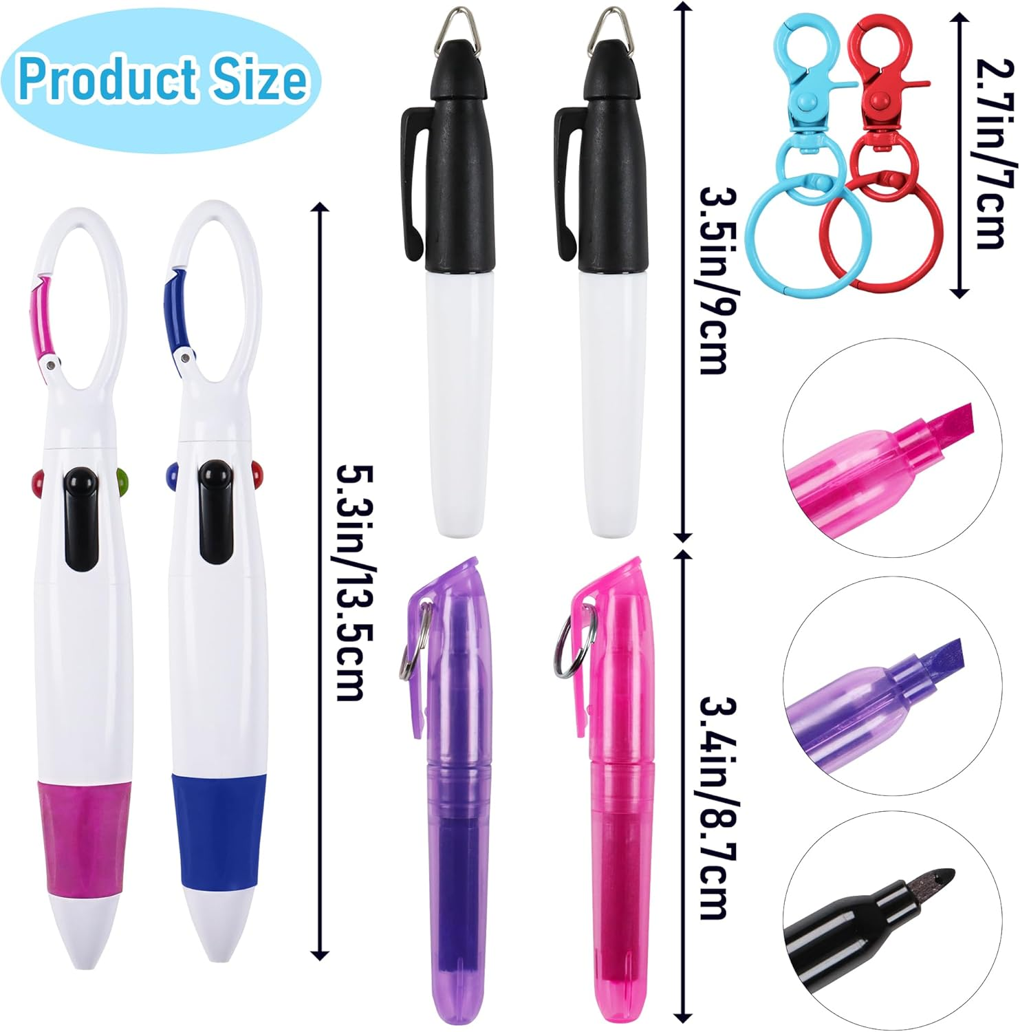 HOYDATE 8Pcs Mini Highlighter Nurse Pen Pack Set Nurse Pens for Badge Include Tip Highlighter 2 Permanent Marker Pens and 2 Retractable Ball Pen with 2 Nursing Keychain Clip (Rose Red+Blue) image number 3