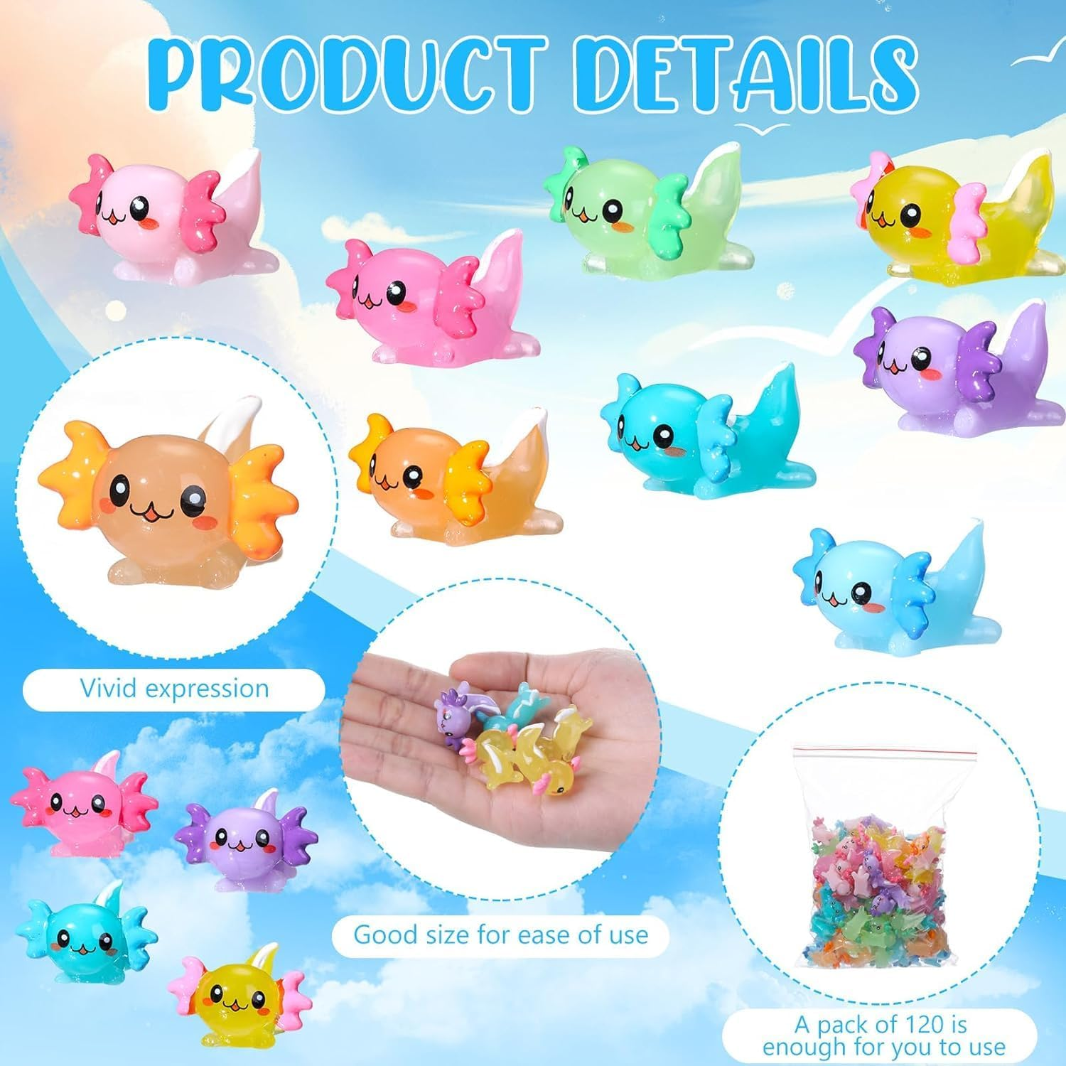 Mini Resin Axolotl Tiny Animal Figurine Miniature Figurines Garden Landscape Aquarium Ornament Potted Plants Decoration DIY Crafts for Christmas (Solid Color-42Pcs)