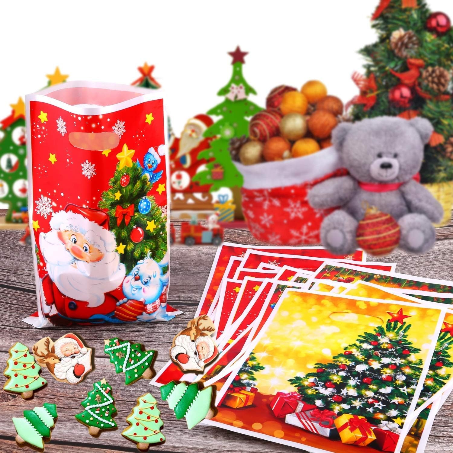 30Pcs Christmas Treat Candy Gifts Bags with Handles for Xmas Presents Sweets, Christmas Tree Santa Goody Plastic Bags for Kids Adult Christmas Party Bag Fillers Party Decoration Supplies image number 5