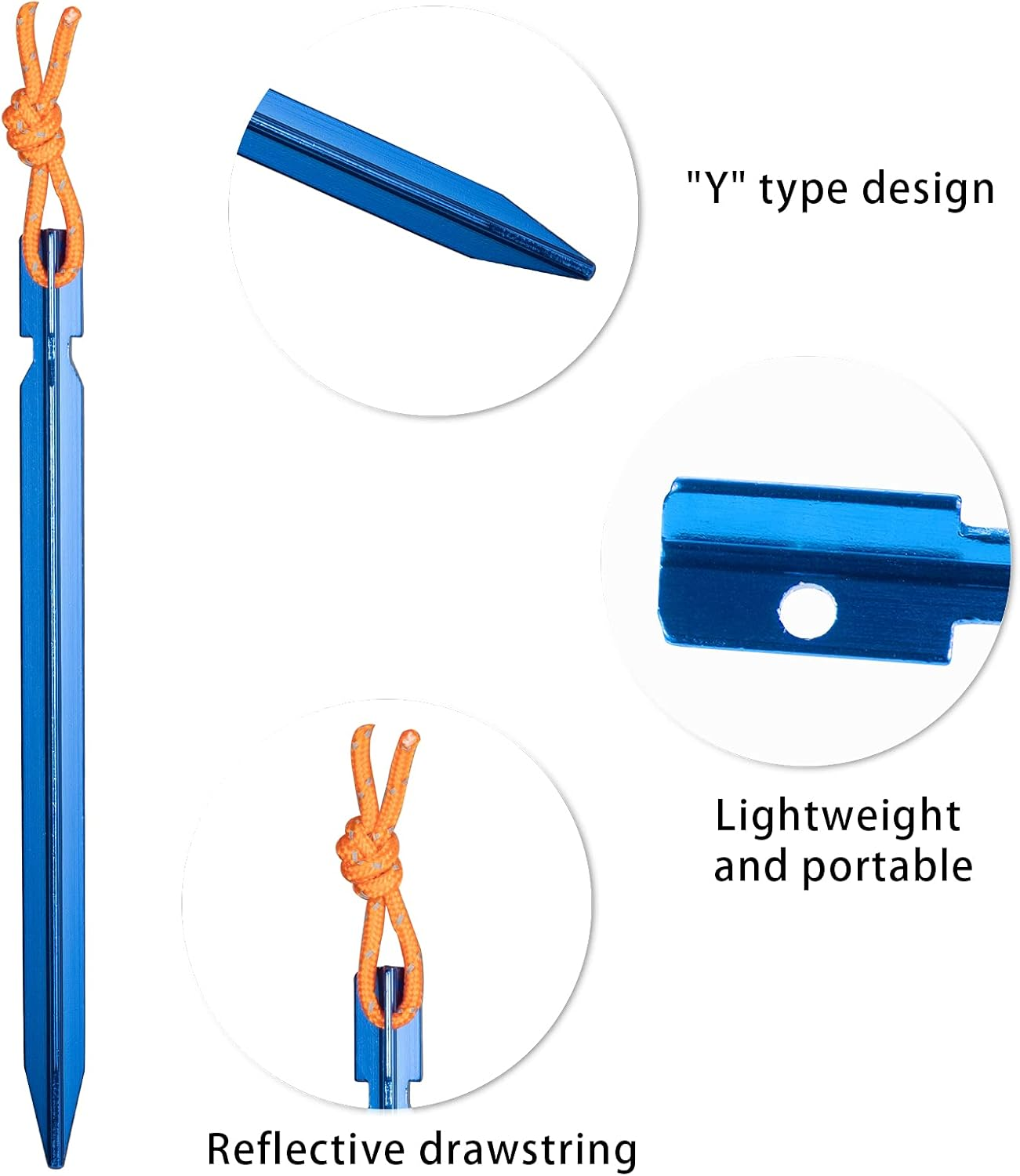 12 Pieces Tent Pegs, Y-Shaped Heavy Duty Tent Pegs Aluminium Alloy Blue Camping Tent Stake Nail with Reflective Rope for Camping, Outdoor, Beach and Hiking image number 5