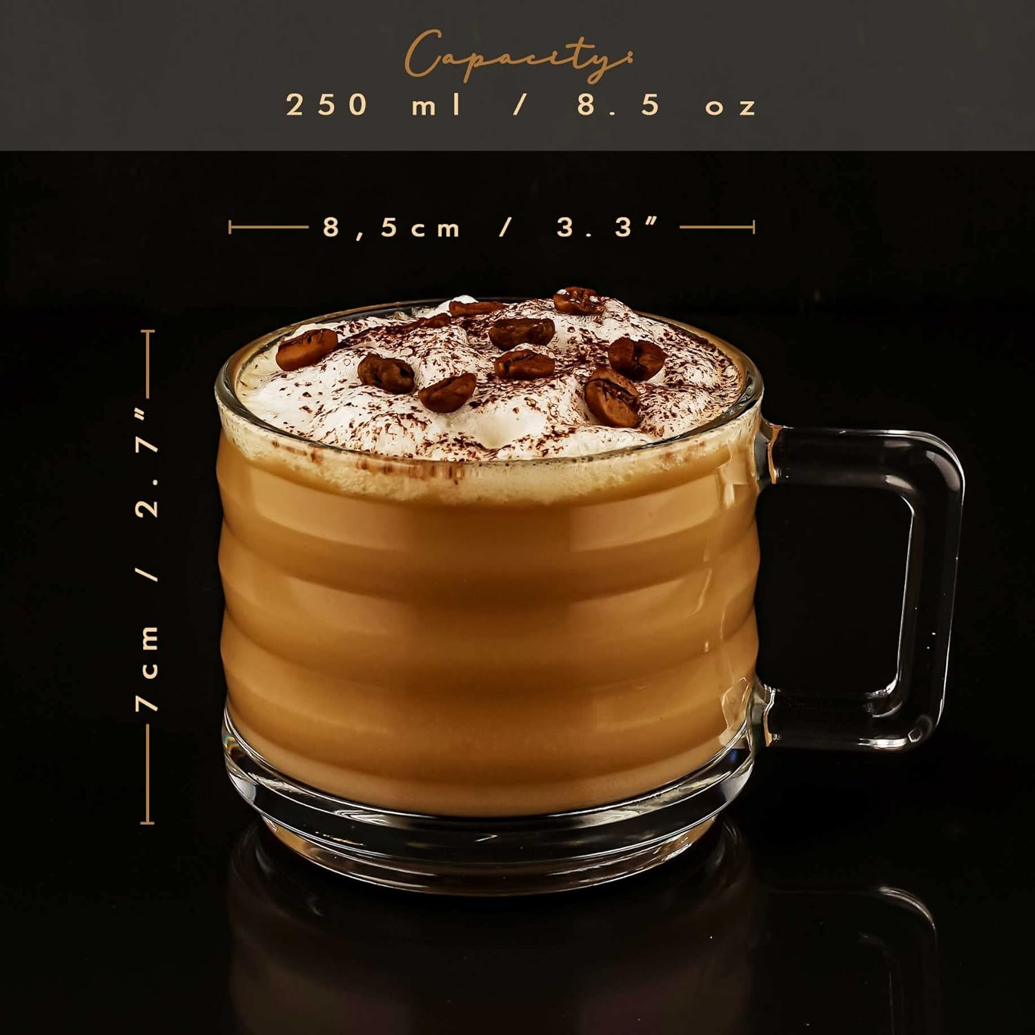 Stackable Coffee Cup Set, Fully Tempered Coffee Mug, Tea Cup Set, Ribbed Glassware, Vintage Glass Coffee Mugs, Turkish Coffee Cup Set, Cappuccino Cup, Housewarming Gift (250Cc/8.5Oz) (Set of 2)