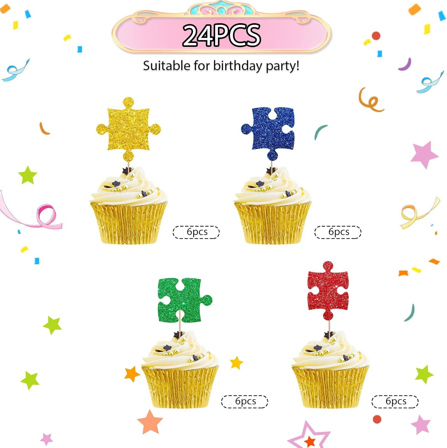24Pcs Puzzle Cupcake Toppers, Primary Colored Puzzle Cupcake Toppers, Colorful Glitter Puzzle Cake Decoration for Baby Shower, Kids Birthday/Autism Themed Party Supplies image number 1