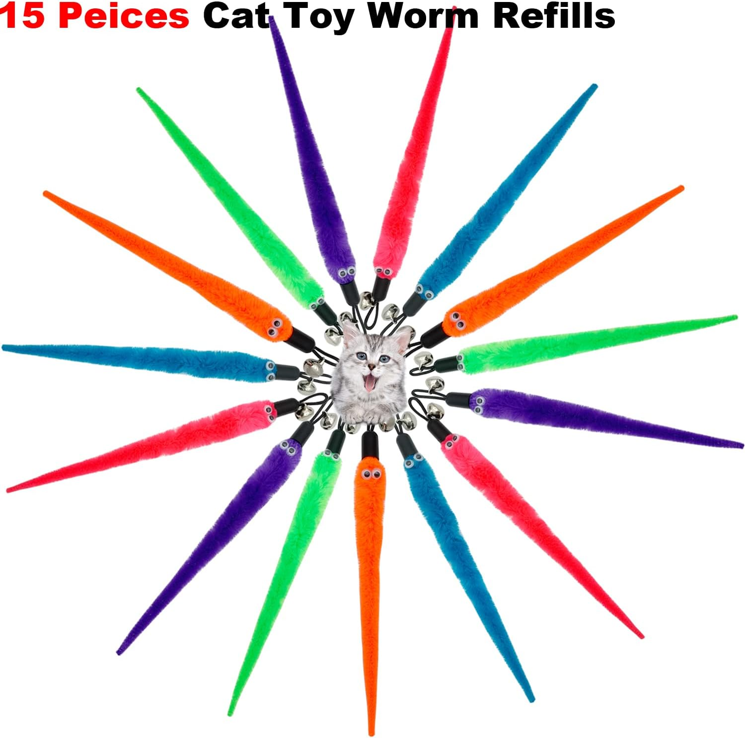 Cat Worm Toy Refills, 15 Pieces Cat Wand Attachments Worms Toy for Indoor Cats
