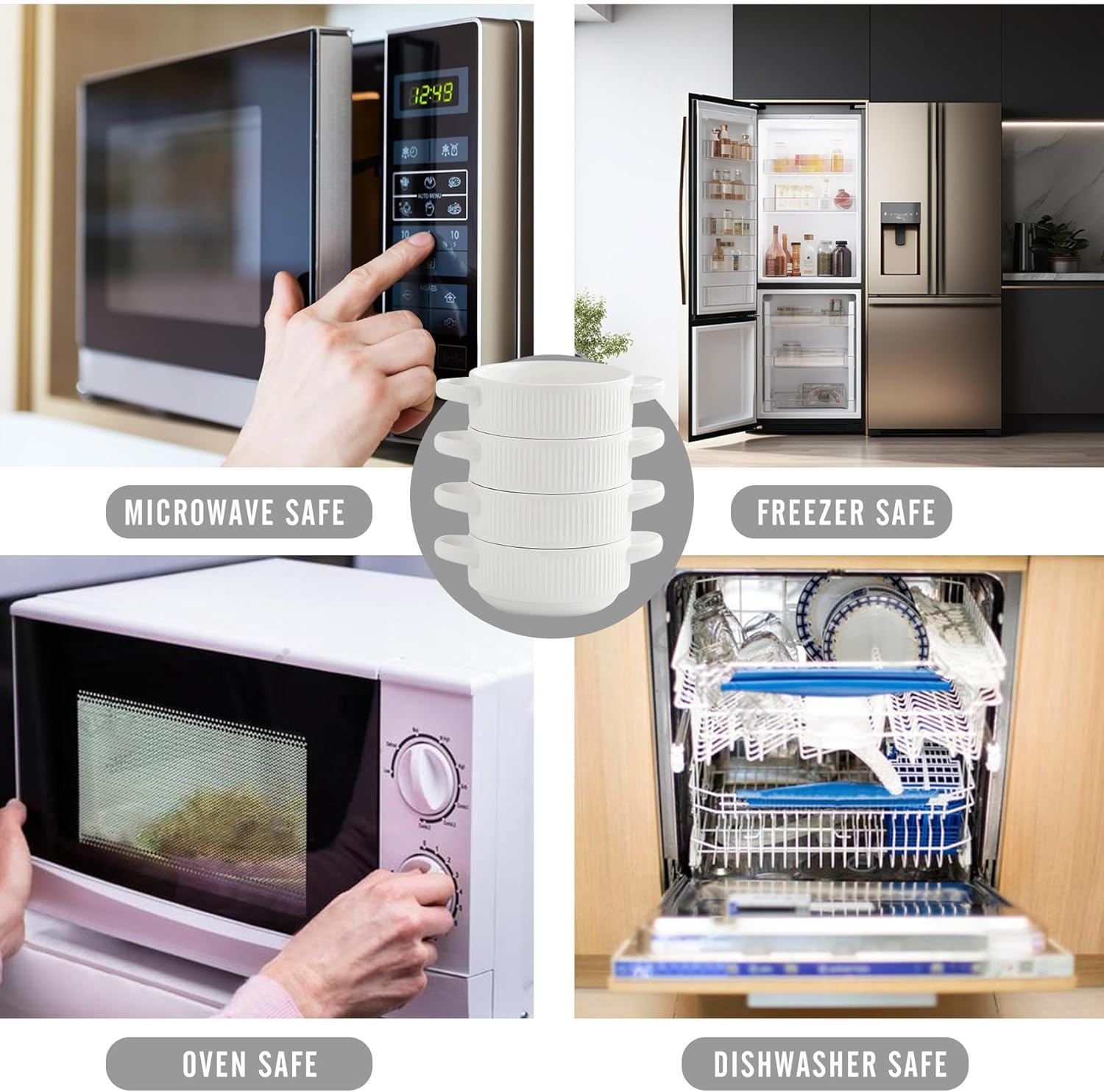 Ceramic Soup Bowls with Handles, 20 Oz French Onion Soup Bowls Set of 4, Stackable Soup Crocks for Soups, Chili, Beef Stew, Microwave and Oven Safe - 5.4Inch, White image number 2