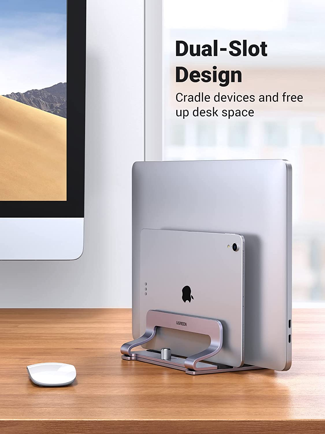 UGREEN Vertical Laptop Stand for Desk, Dual Slot Aluminum Holder, Adjustable Dock, Compatible with Macbook, Chromebook, up to 17.3 Inch, Grey image number 4