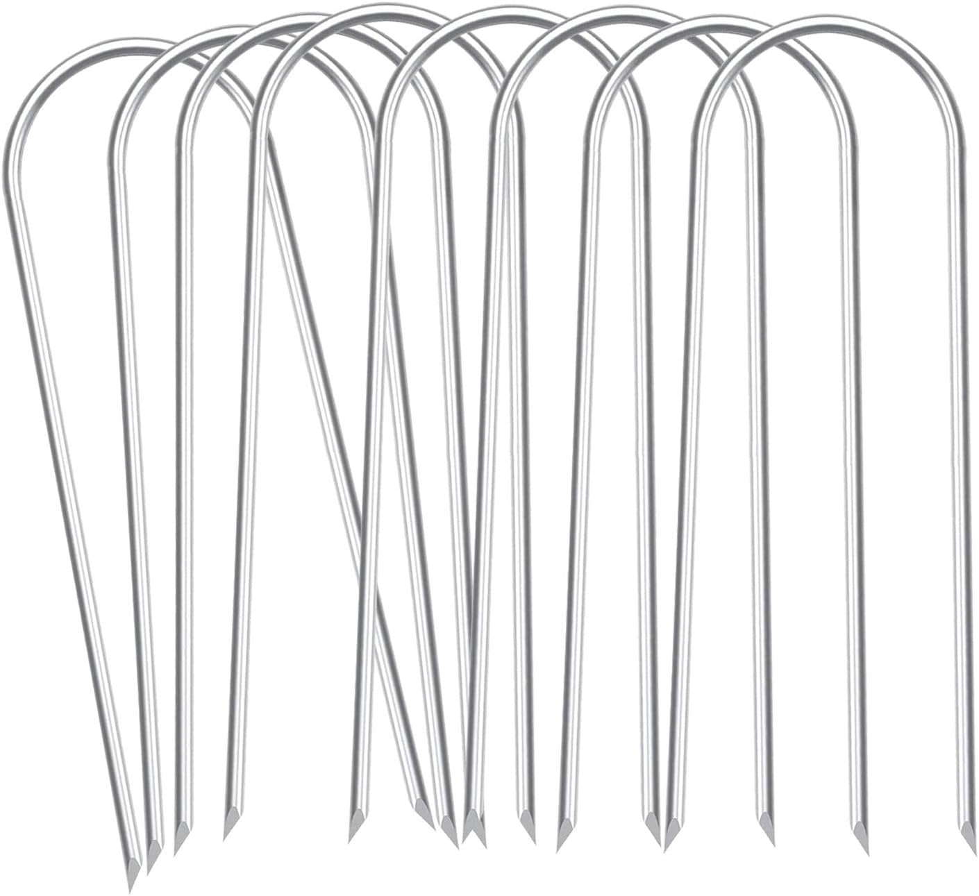 Heavy Duty U-Shaped Metal Trampoline Stakes Anchors, 6Pcs Silver Galvanized Steel, 11.8In Long, Sharp Ends, High Wind Resistance