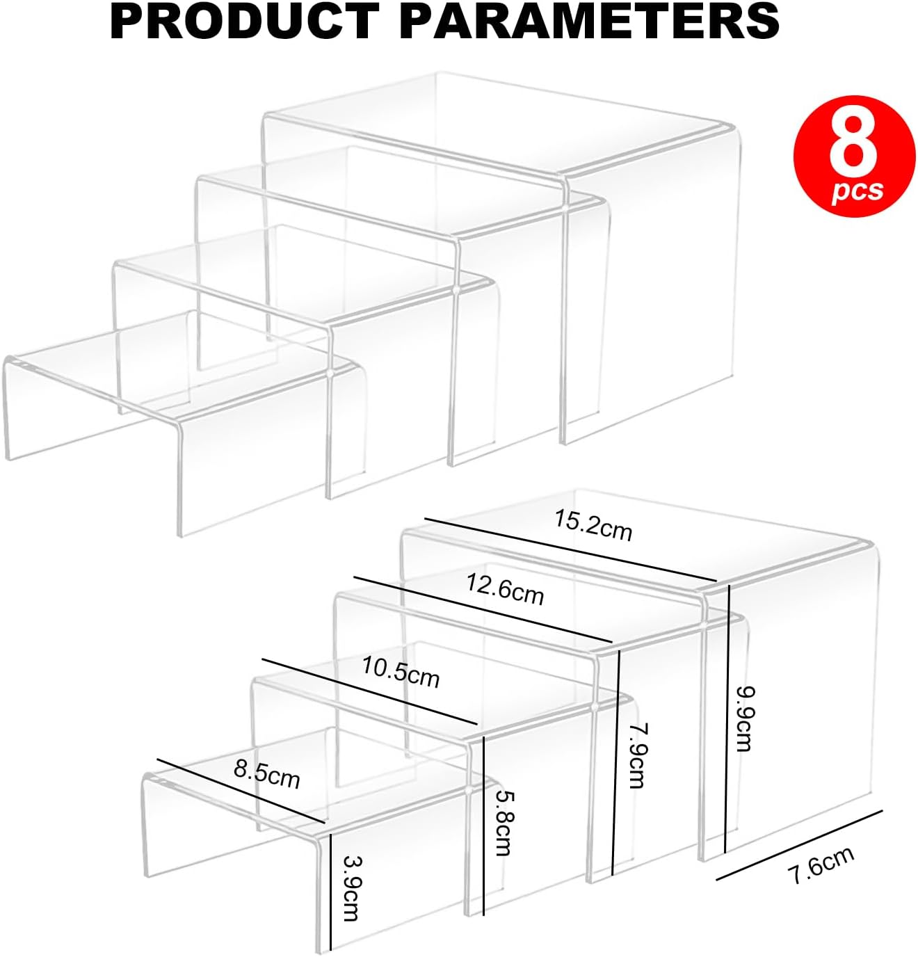 8 PCS Acrylic Risers, Clear Acrylic Riser Display Stands, Suitable for Jewelry, Candles, Toys, Perfume, Collection, Decoration, Cupcakes image number 4