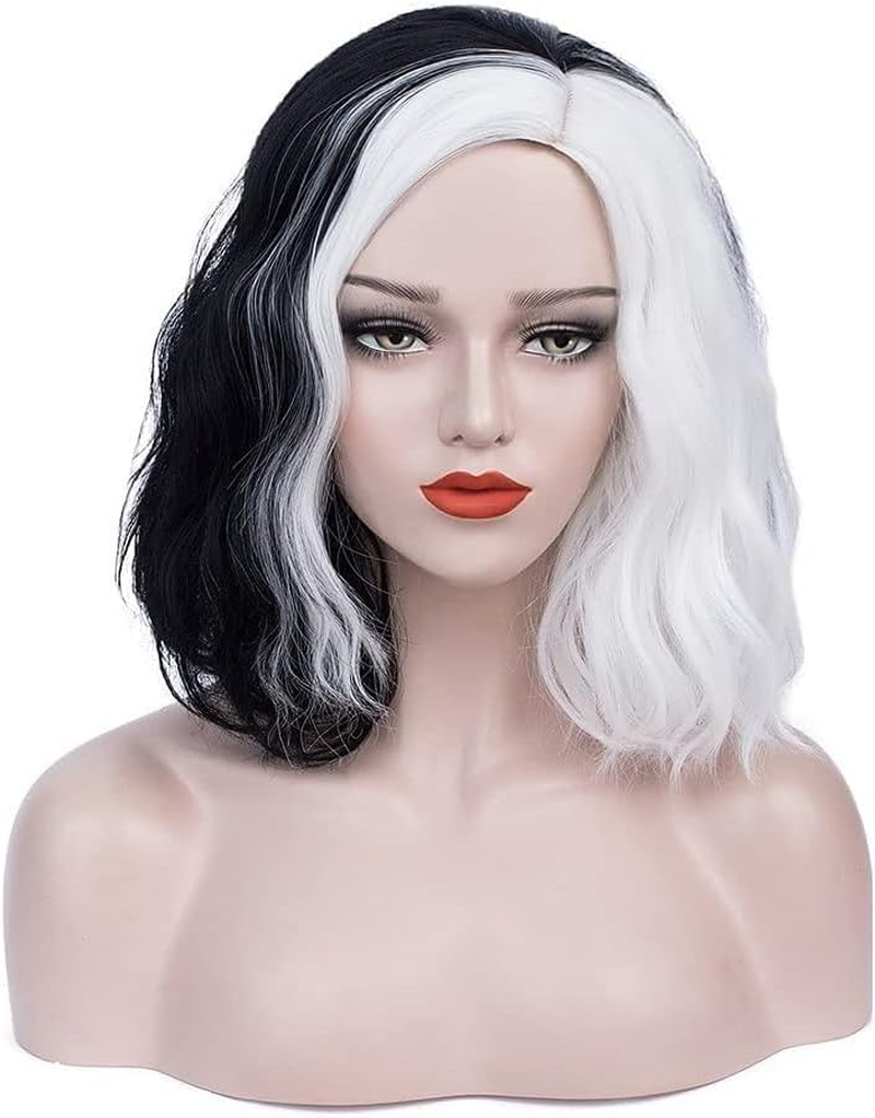 Black Short Bob Wig,Black White Wig Short Curly Half Black White Wigs with Bangs for Women Natural Looking for Party Halloween Costume Cosplay Party Daily Use (Black White, One Size)