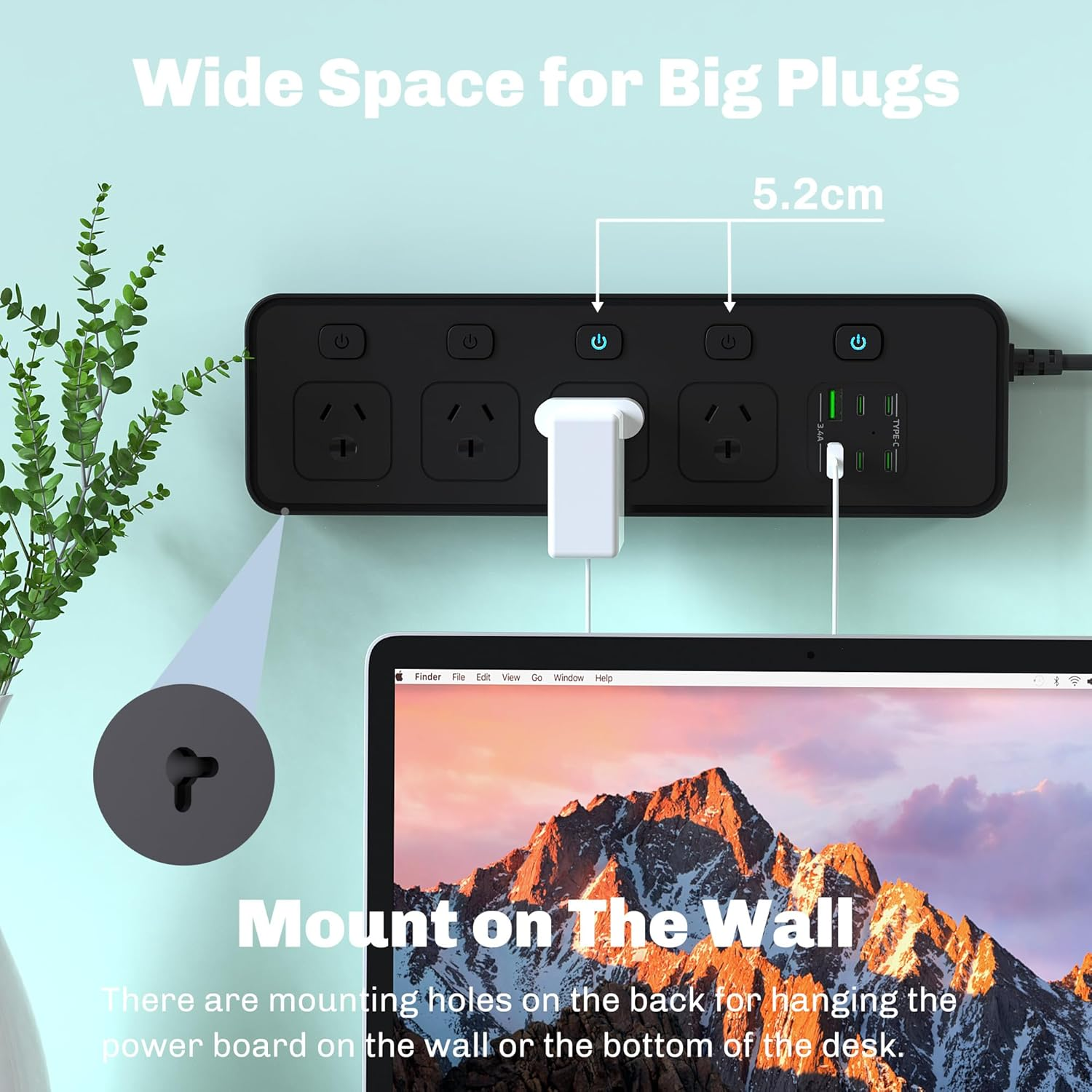 Power Board USB, 2M Black Durable Extension Cord with 4 AC Outlets, 5 Switches, 2 USB-A/4 USB-C Ports Power Strip, Overload, Surge Protection,Wall Mountable Power Board for Office, Home